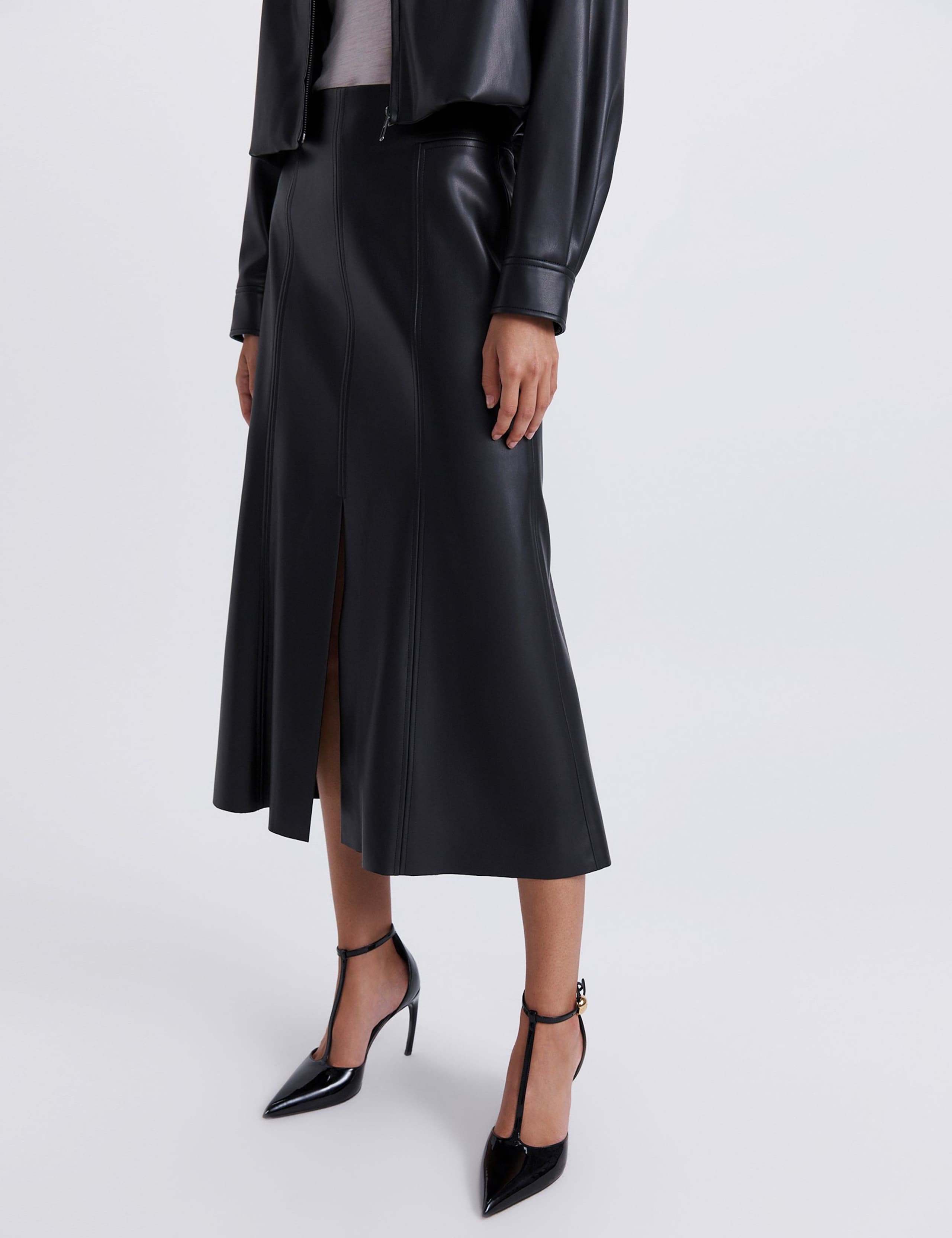 Faux Leather Split Front Midi A-Line Skirt 4 of 4