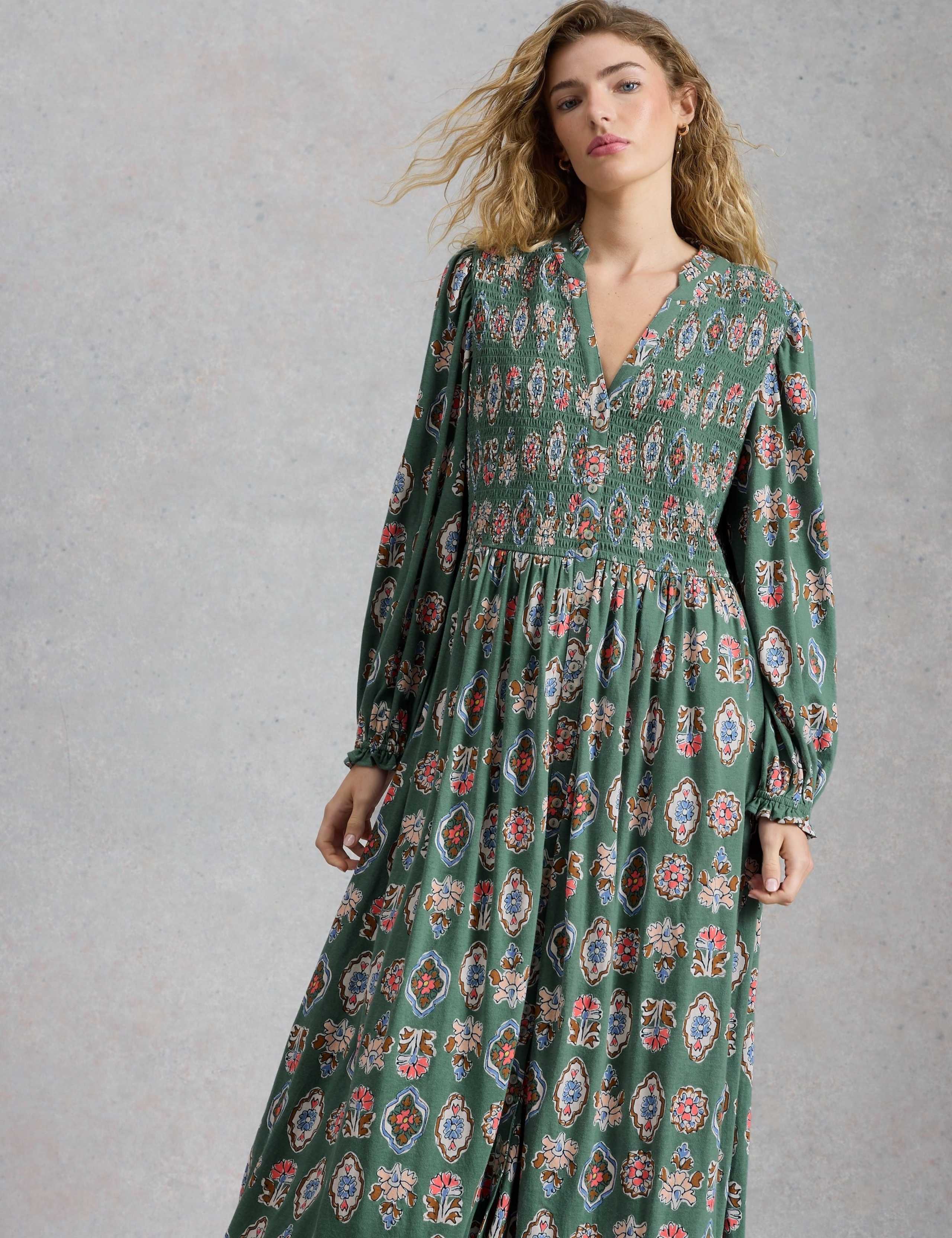 Cotton Blend Floral V-Neck Midi Shirred Dress 3 of 6
