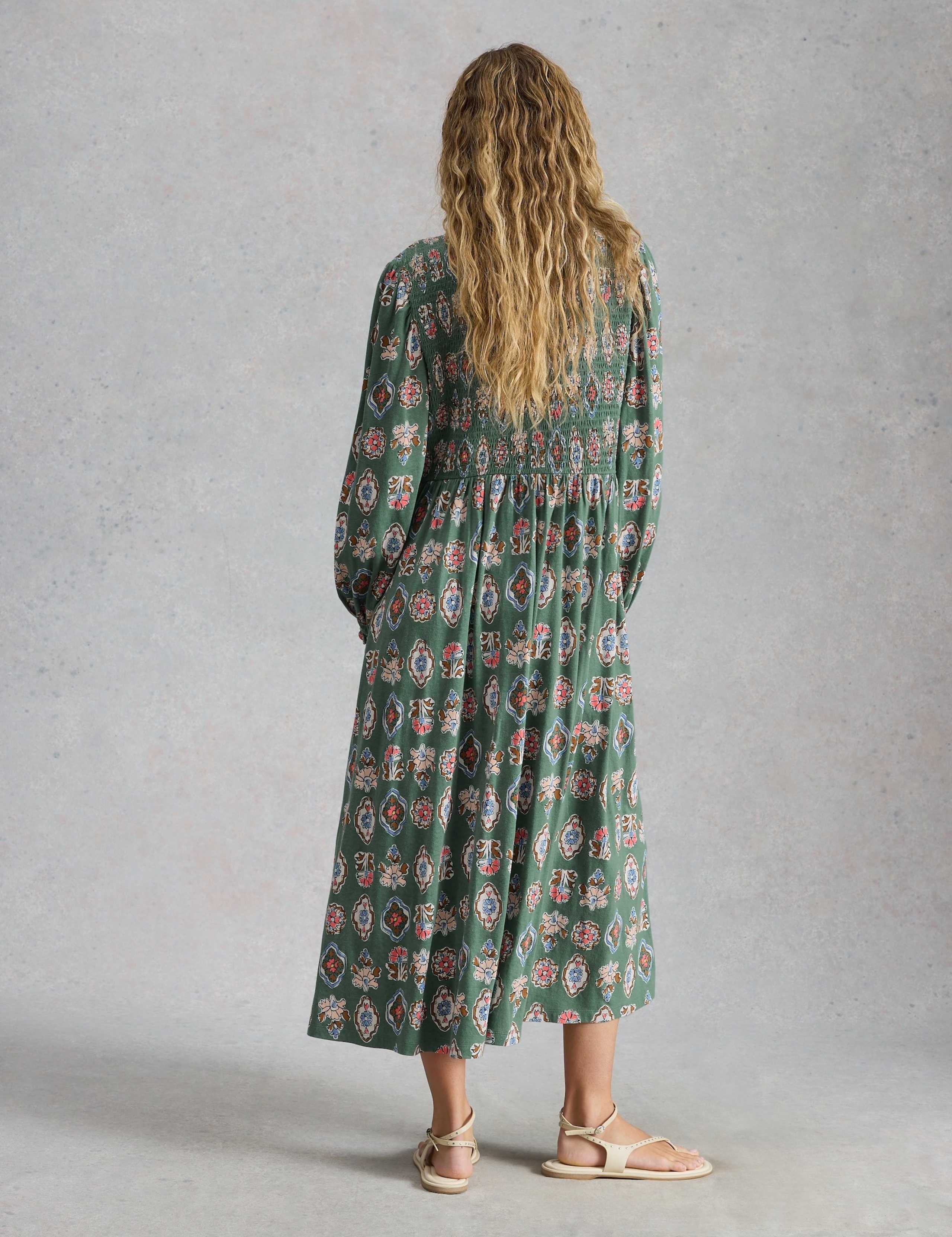 Cotton Blend Floral V-Neck Midi Shirred Dress 4 of 6