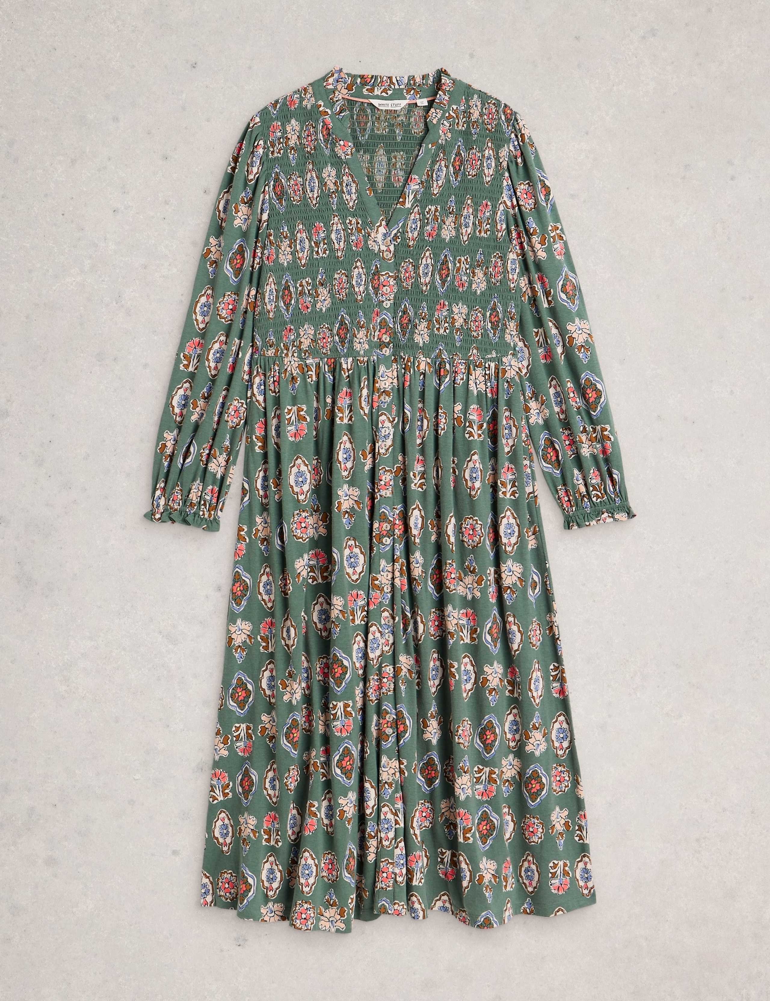 Cotton Blend Floral V-Neck Midi Shirred Dress 2 of 6