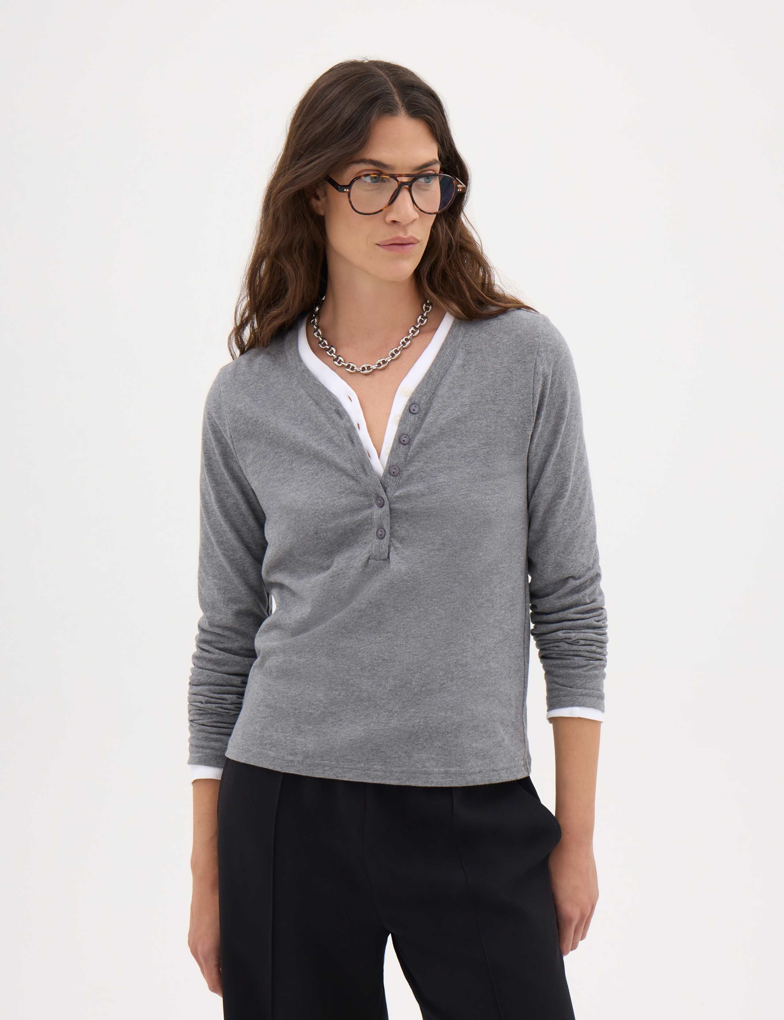 Pure Cotton V Neck Regular Fit Henley T-Shirt 1 of 5