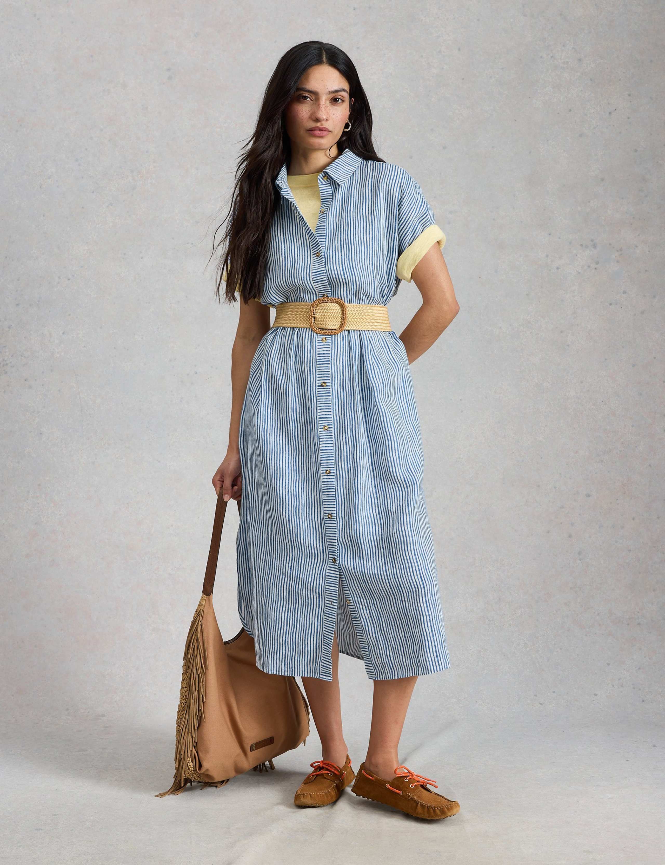 Linen Rich Striped Midi Shirt Dress 1 of 6