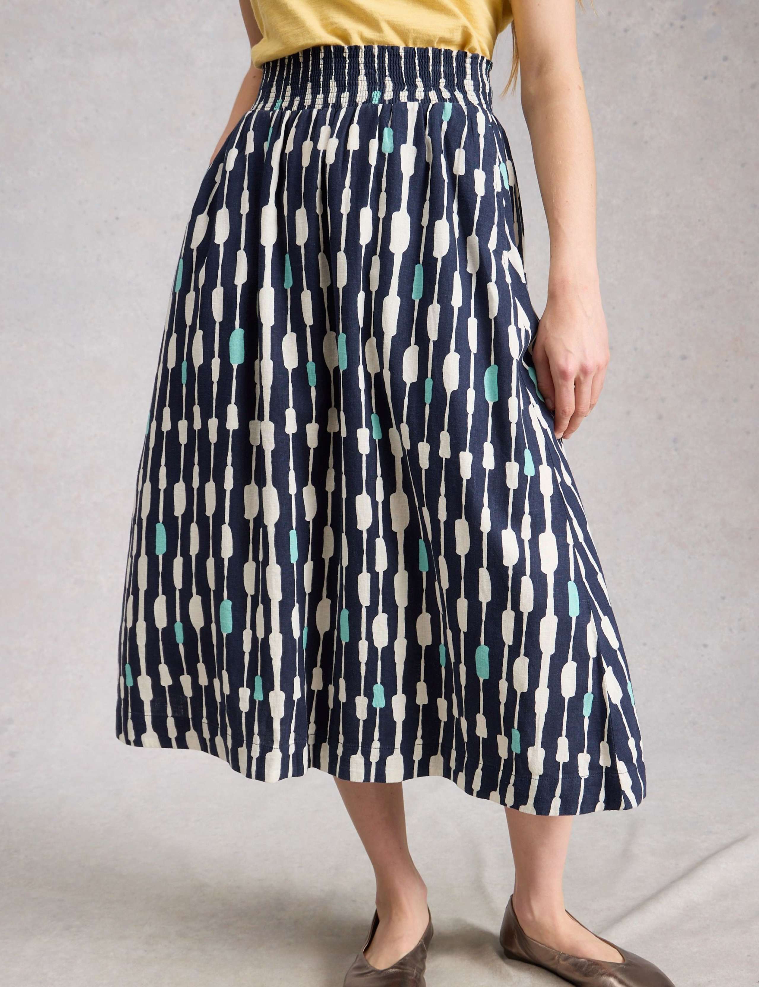 Linen Blend Printed Midi A-Line Skirt 1 of 6