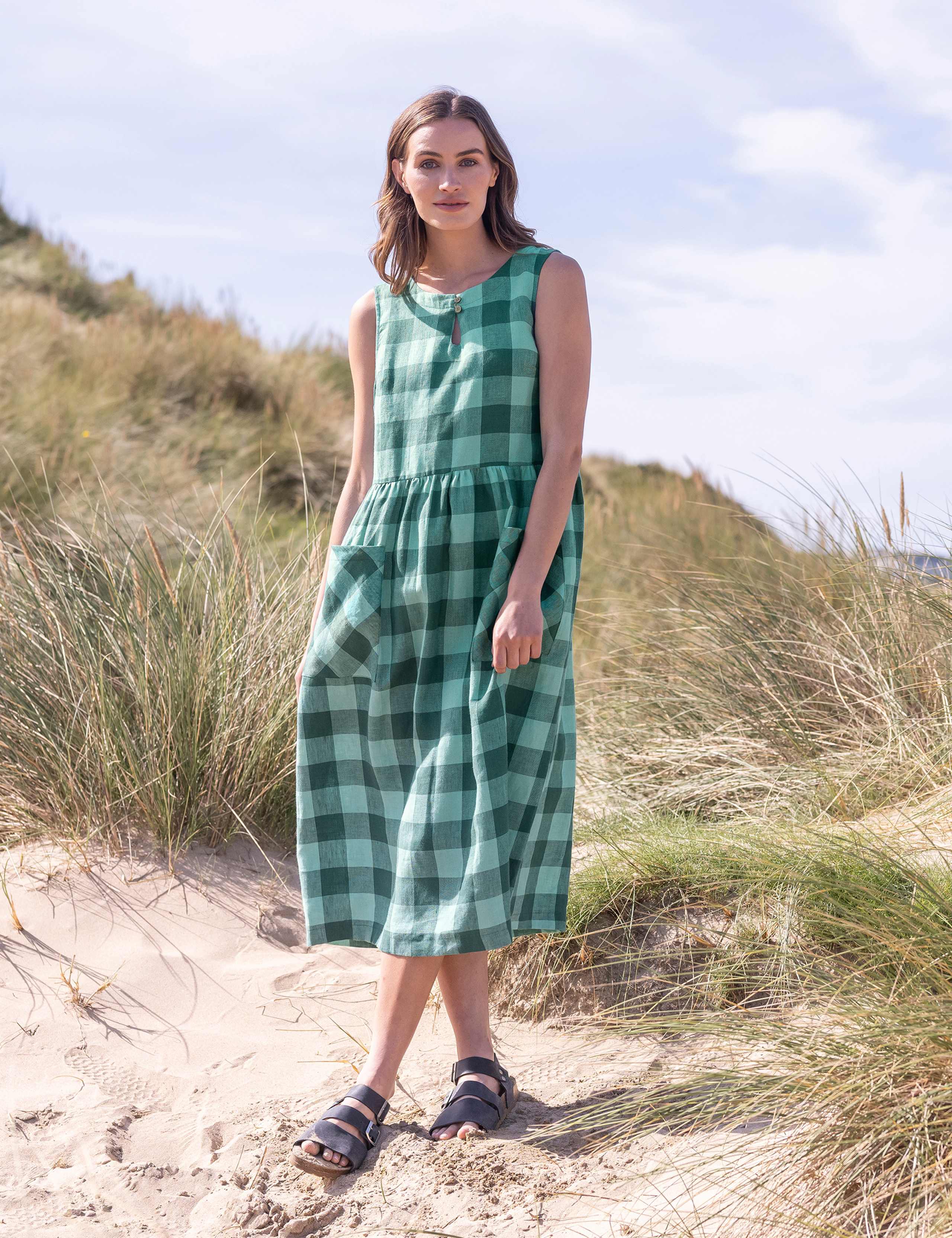 Pure Linen Gingham Midi Smock Dress 1 of 6