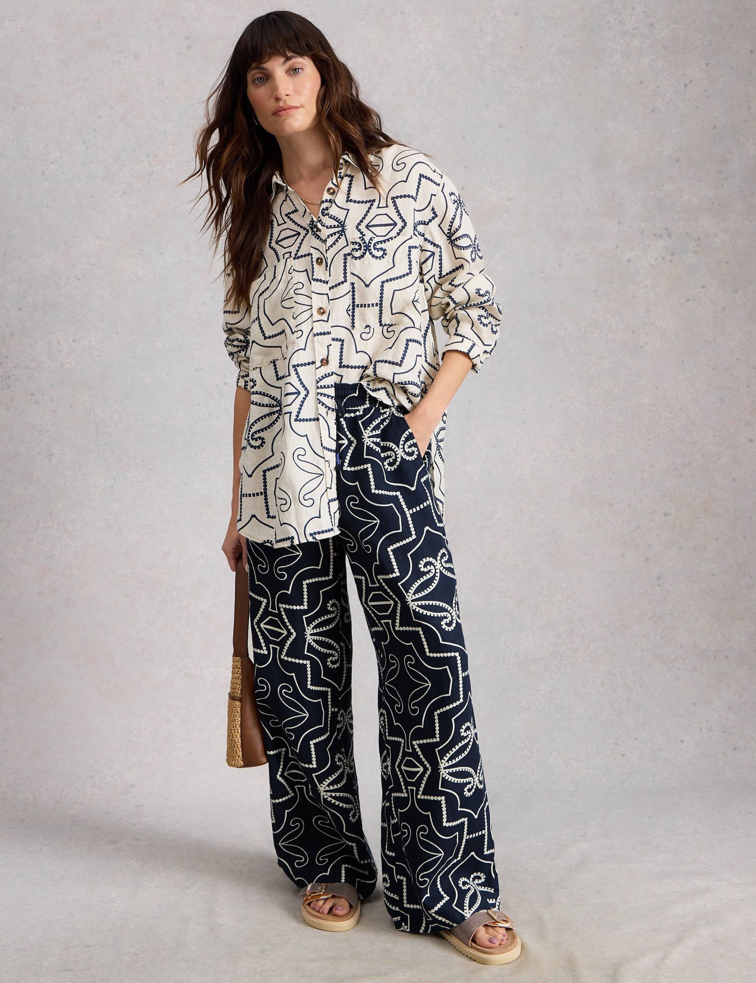 Pure Linen Printed Wide Leg Trousers 1 of 6