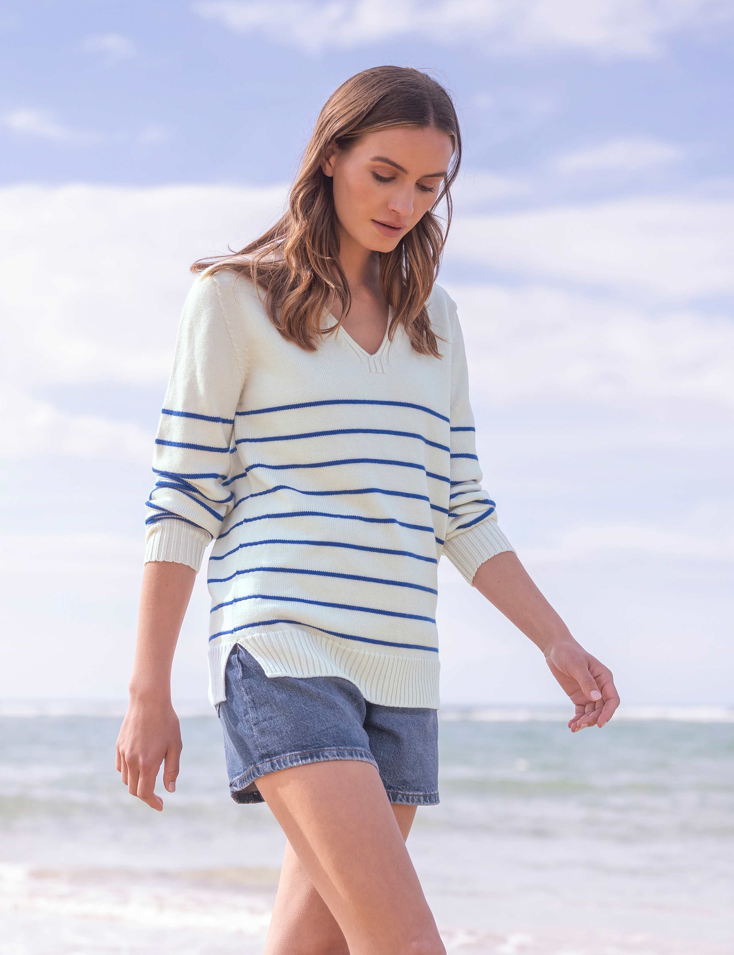 Pure Merino Wool Striped V-Neck Jumper 1 of 6