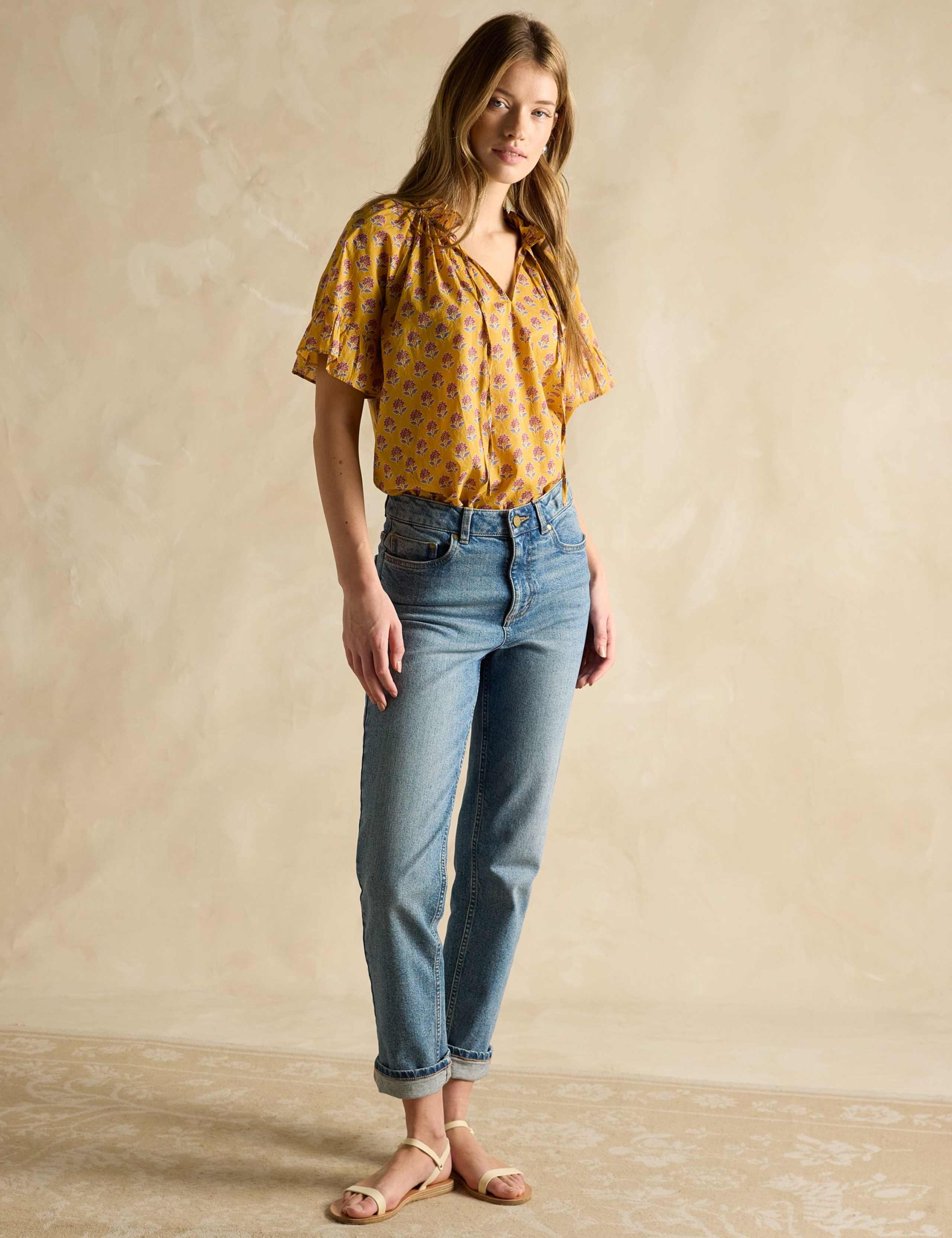 Pure Cotton Floral Frill Detail Top 3 of 6