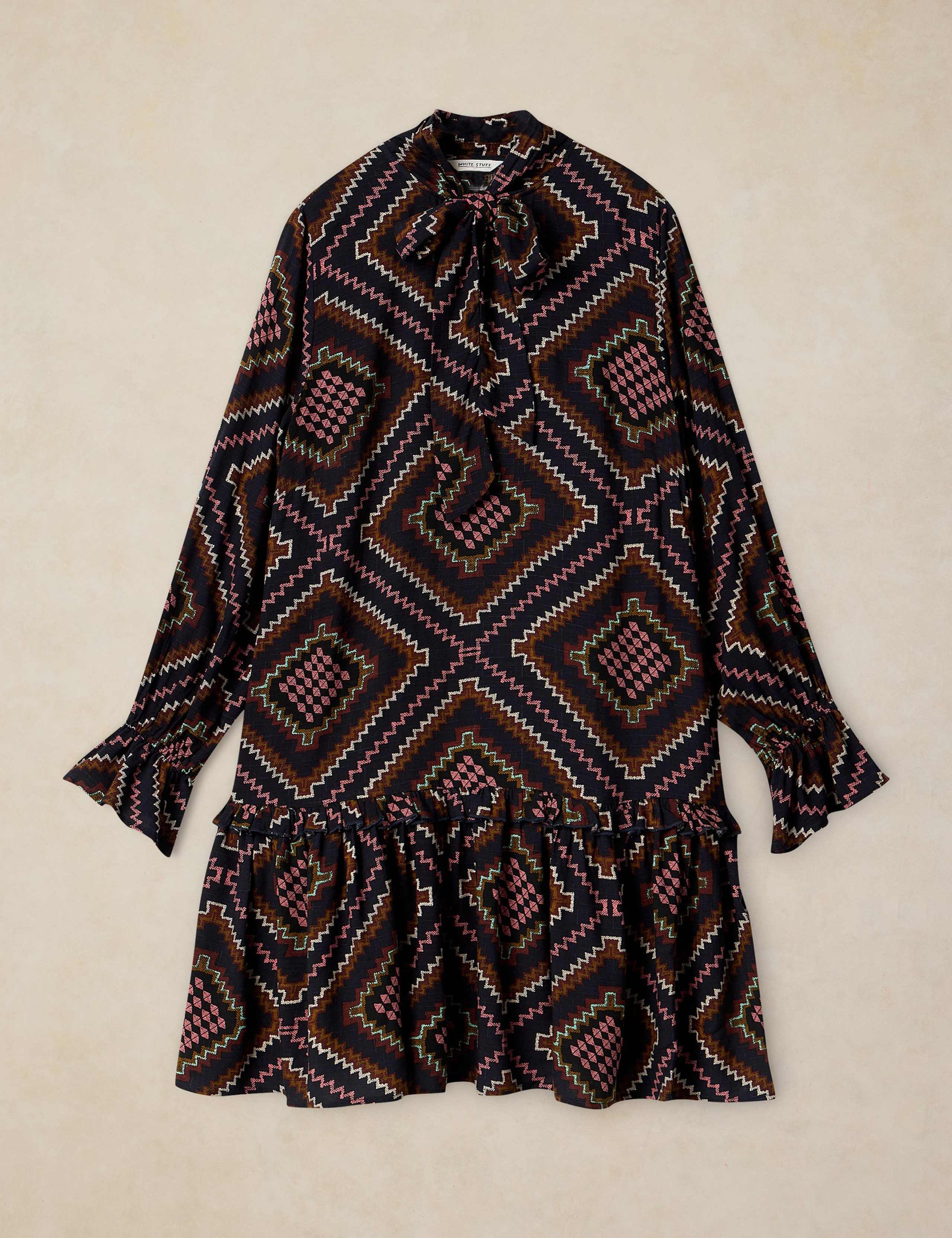 Printed Tie Neck Midi Tea Dress 2 of 6