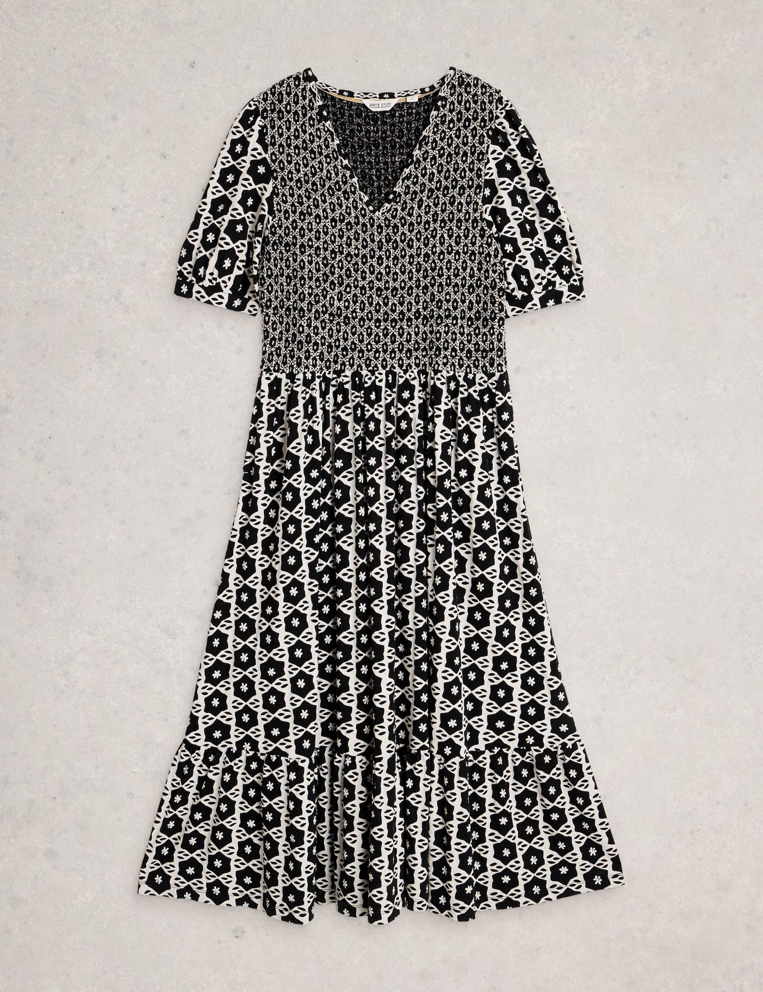 Jersey Geometric Midi Shirred Dress 2 of 6