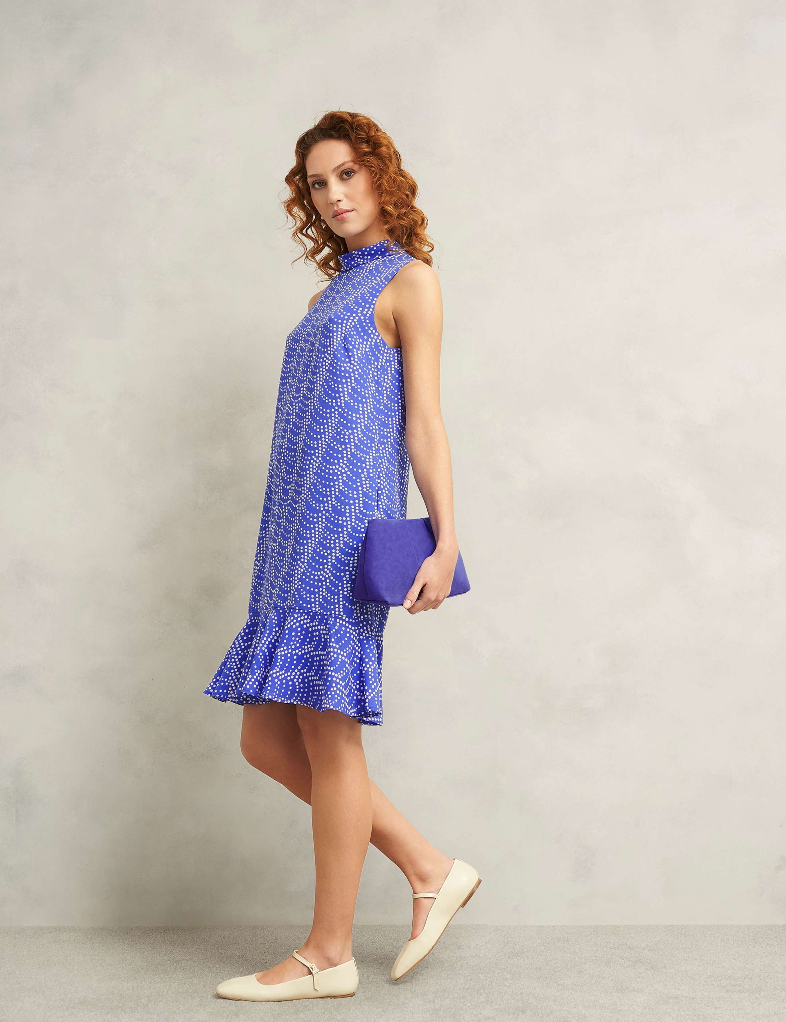 Polka Dot Funnel Neck Midi Shift Dress 3 of 6