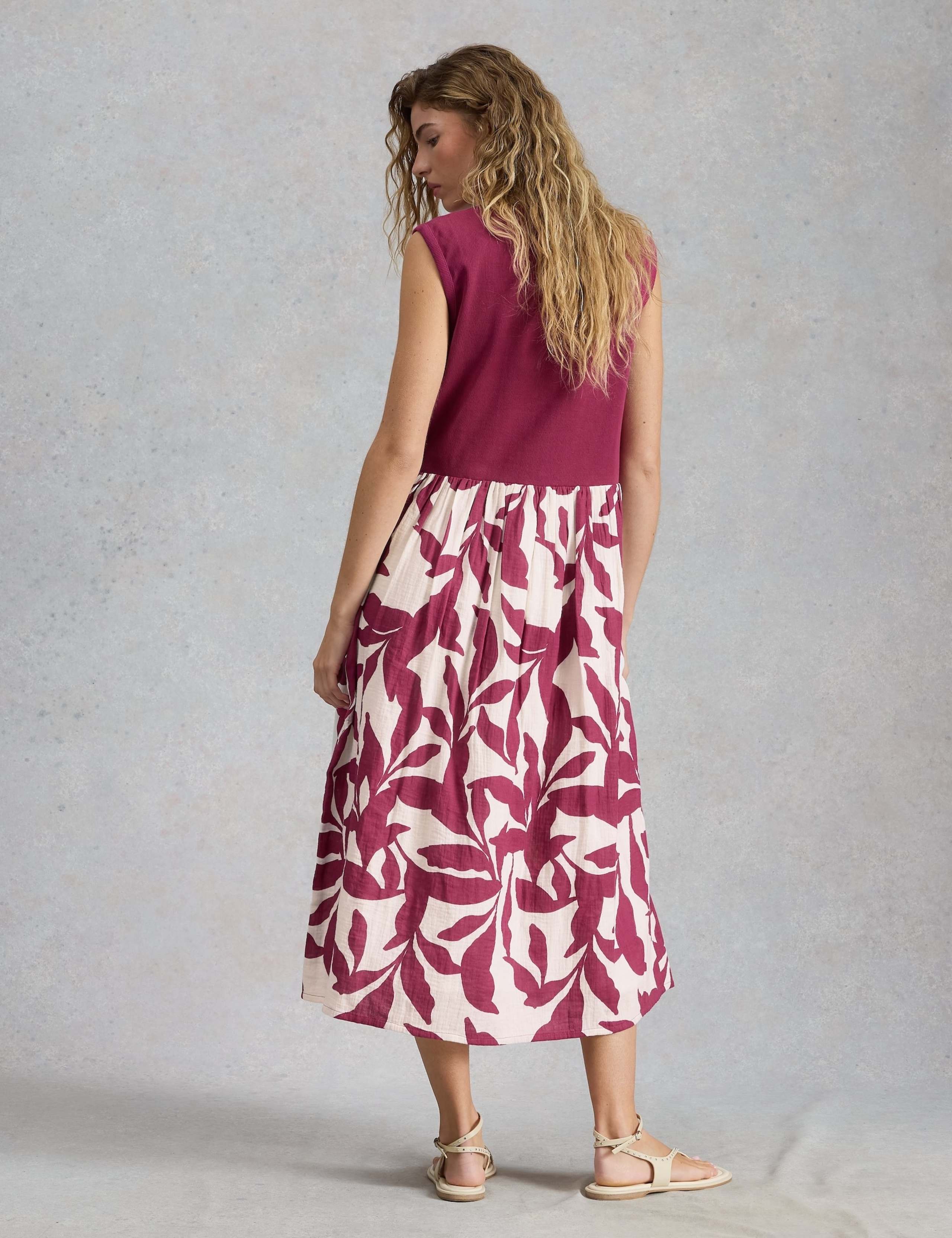Pure Cotton Floral Round Neck Midi Waisted Dress 3 of 6