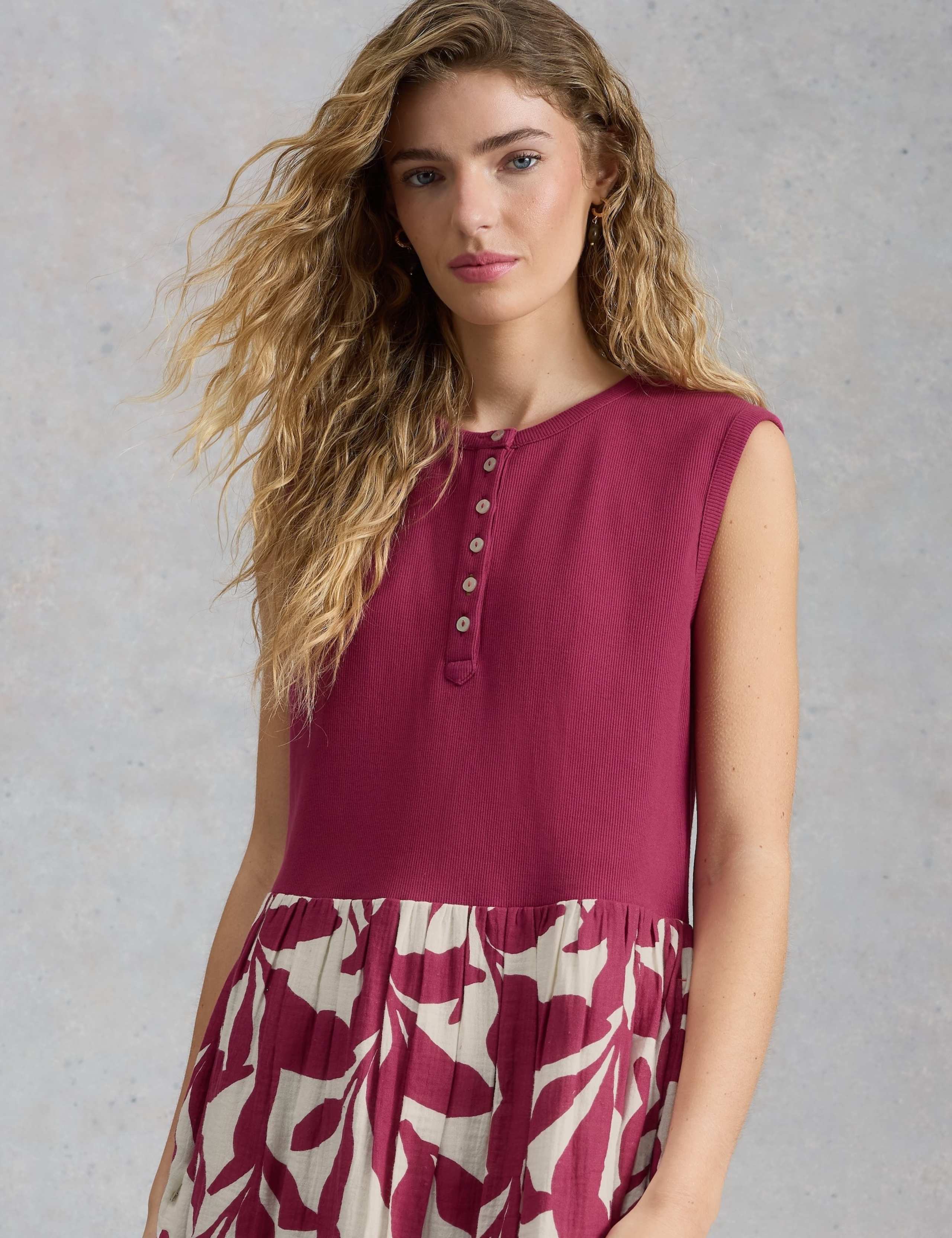 Pure Cotton Floral Round Neck Midi Waisted Dress 6 of 6