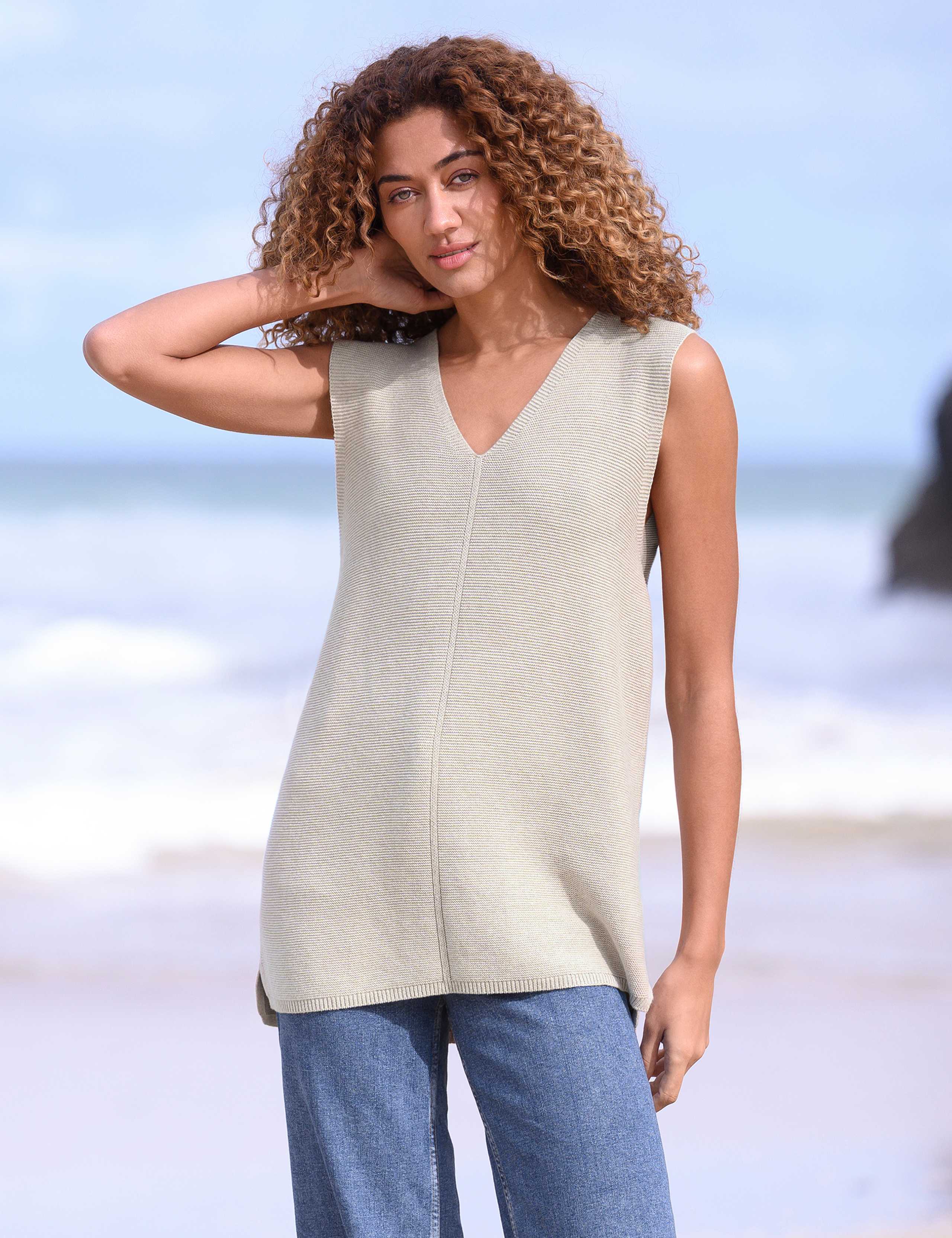 Pure Cotton V-Neck Longline Knitted Vest 1 of 3