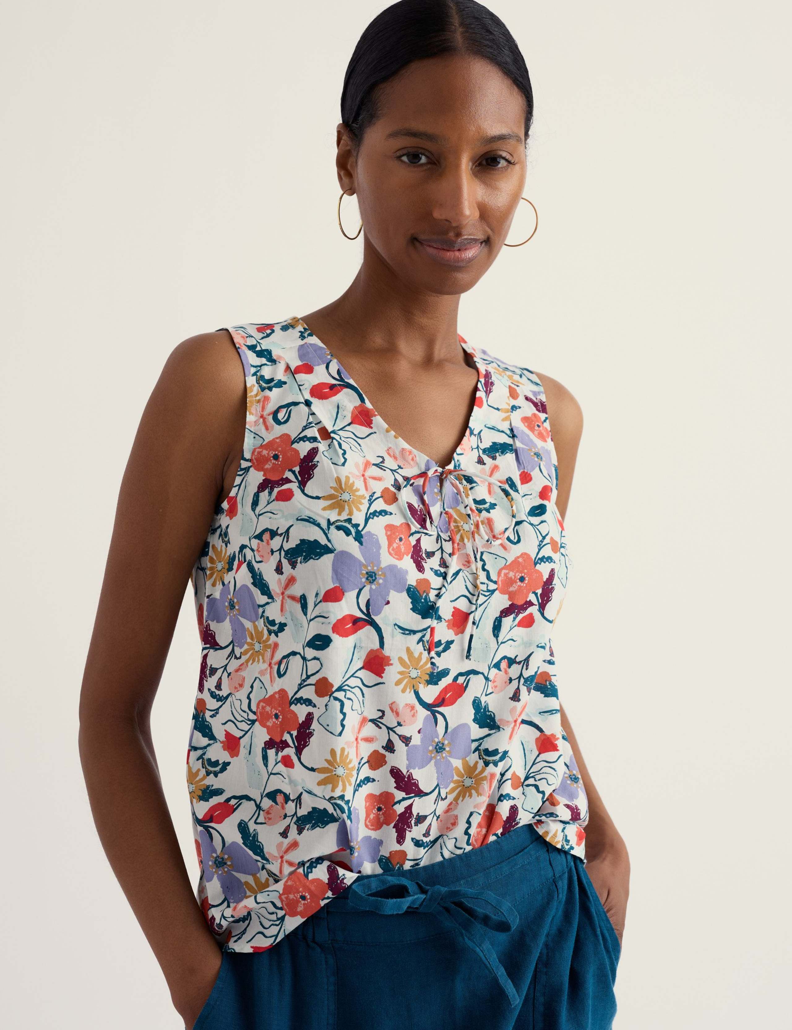 Pure Cotton Floral V-Neck Tie Detail Top 1 of 5