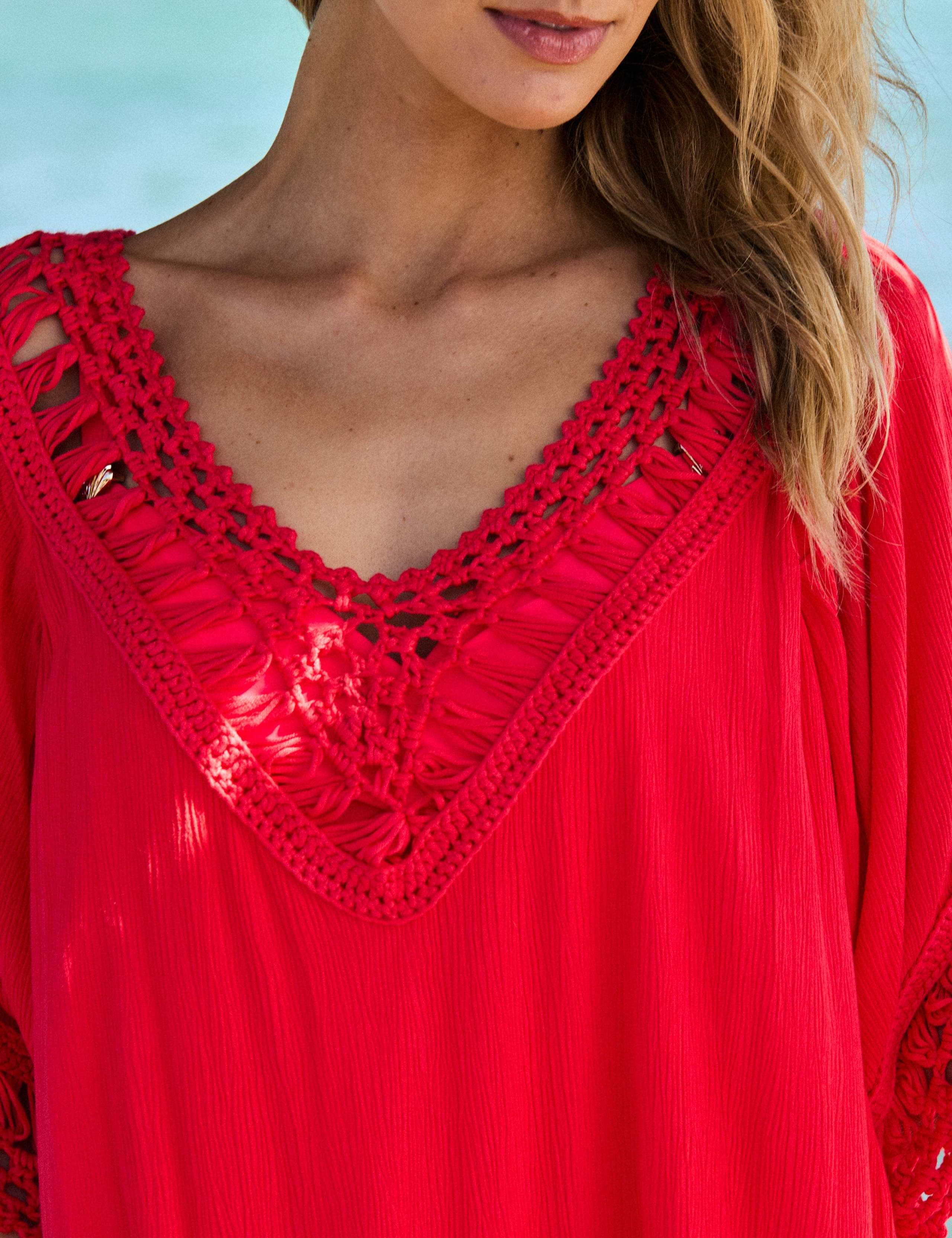 Macrame Fringe Detail V-Neck Kaftan Dress 3 of 6