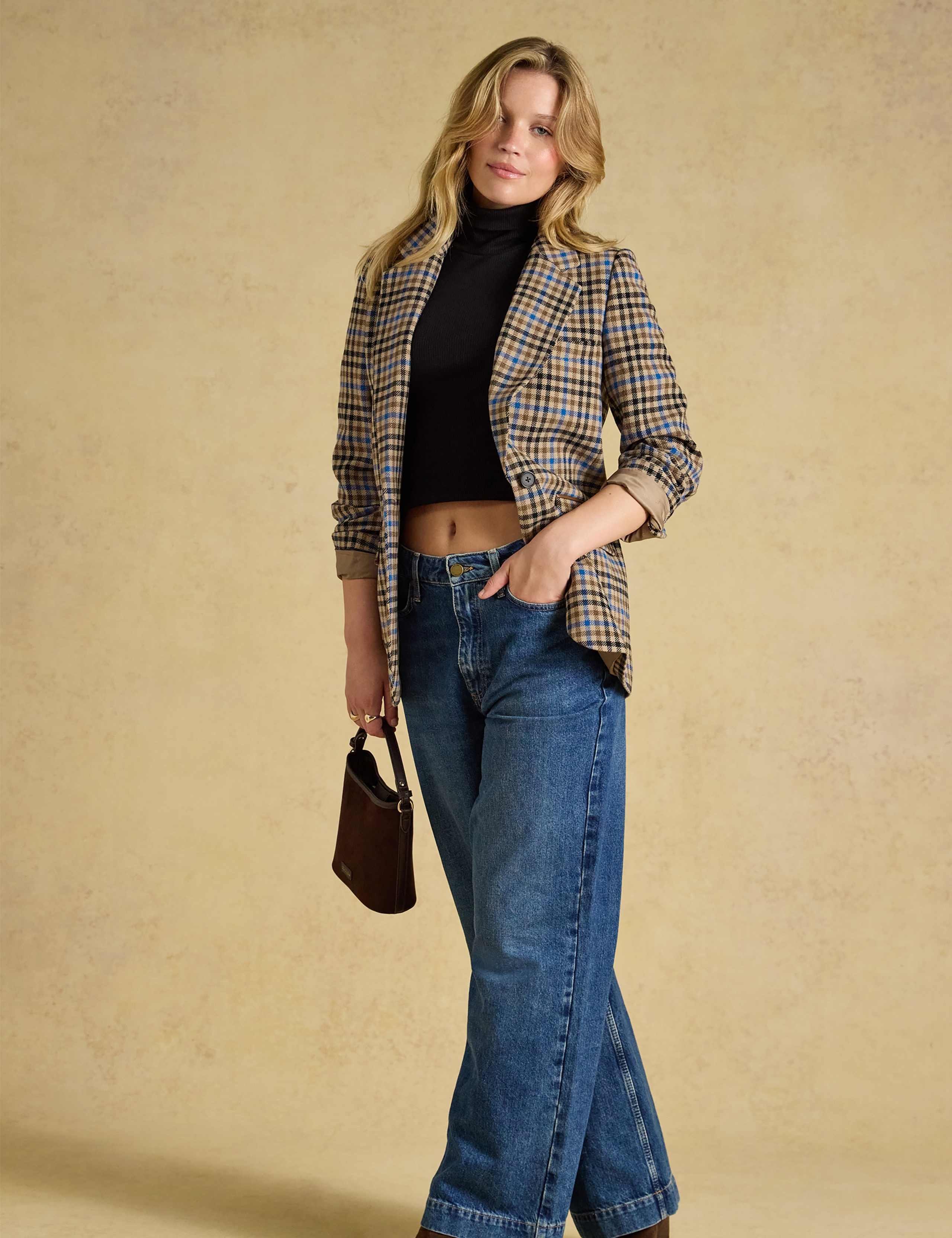 Wool Rich Checked Faux Leather Trim Relaxed Blazer 3 of 8