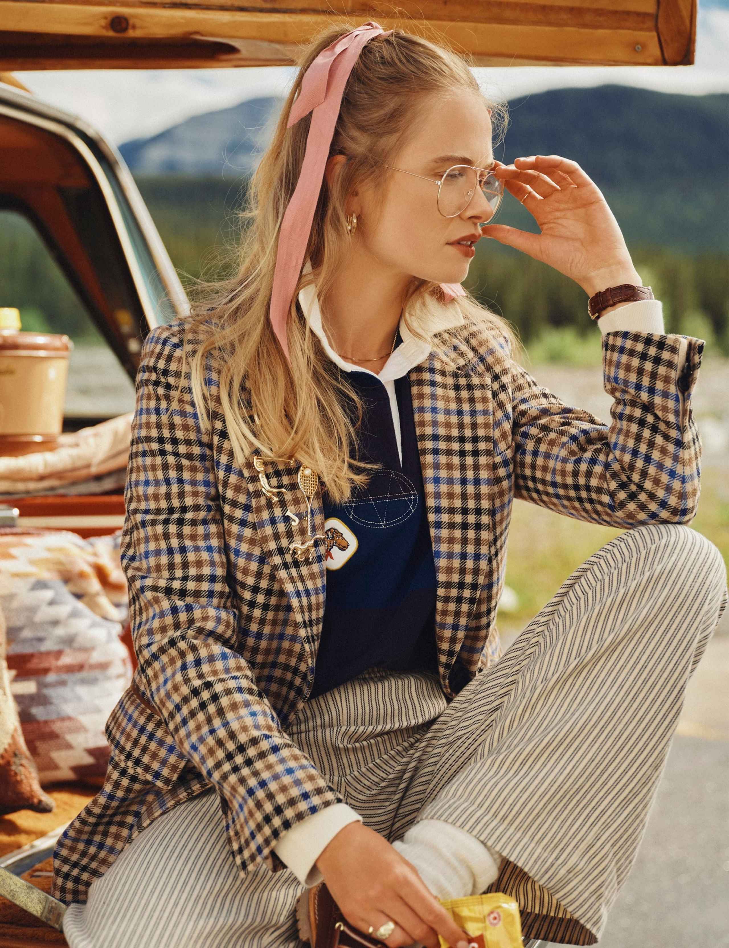 Wool Rich Checked Faux Leather Trim Relaxed Blazer 4 of 8