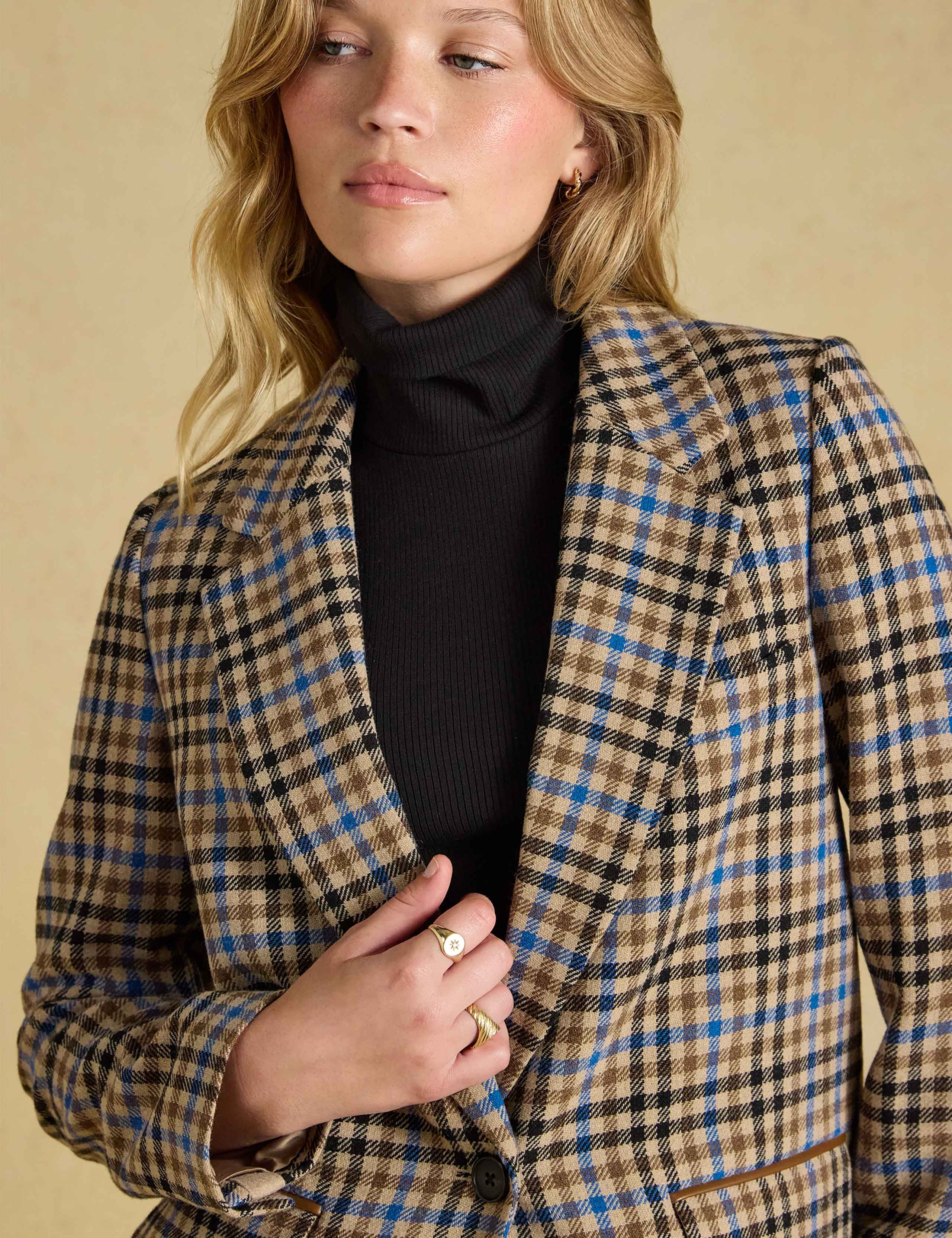 Wool Rich Checked Faux Leather Trim Relaxed Blazer 6 of 8
