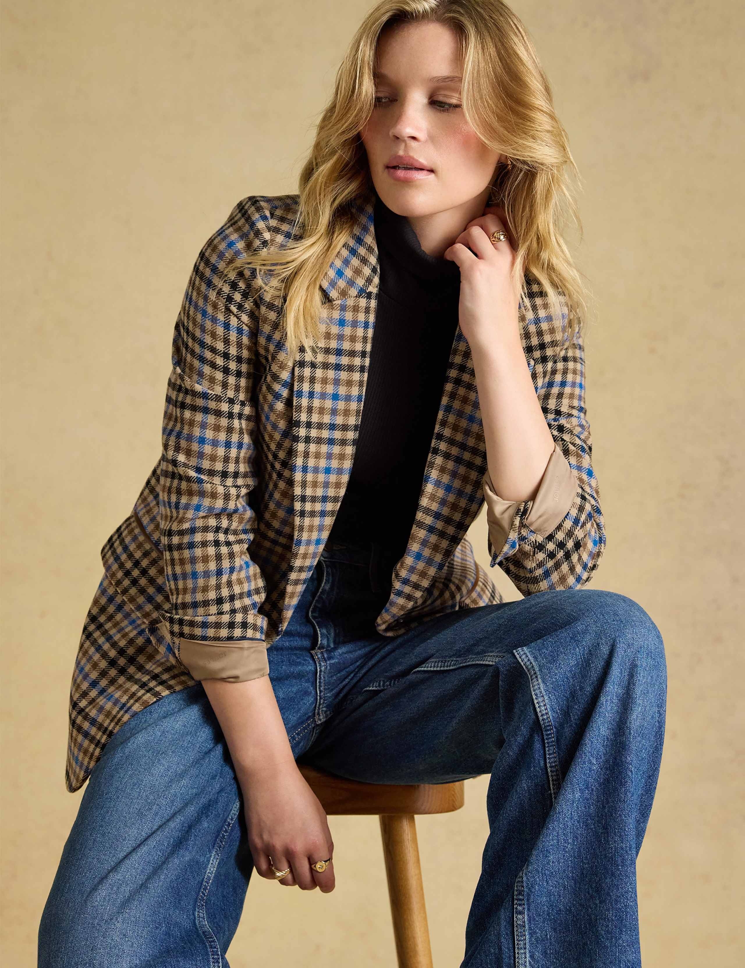 Wool Rich Checked Faux Leather Trim Relaxed Blazer 8 of 8