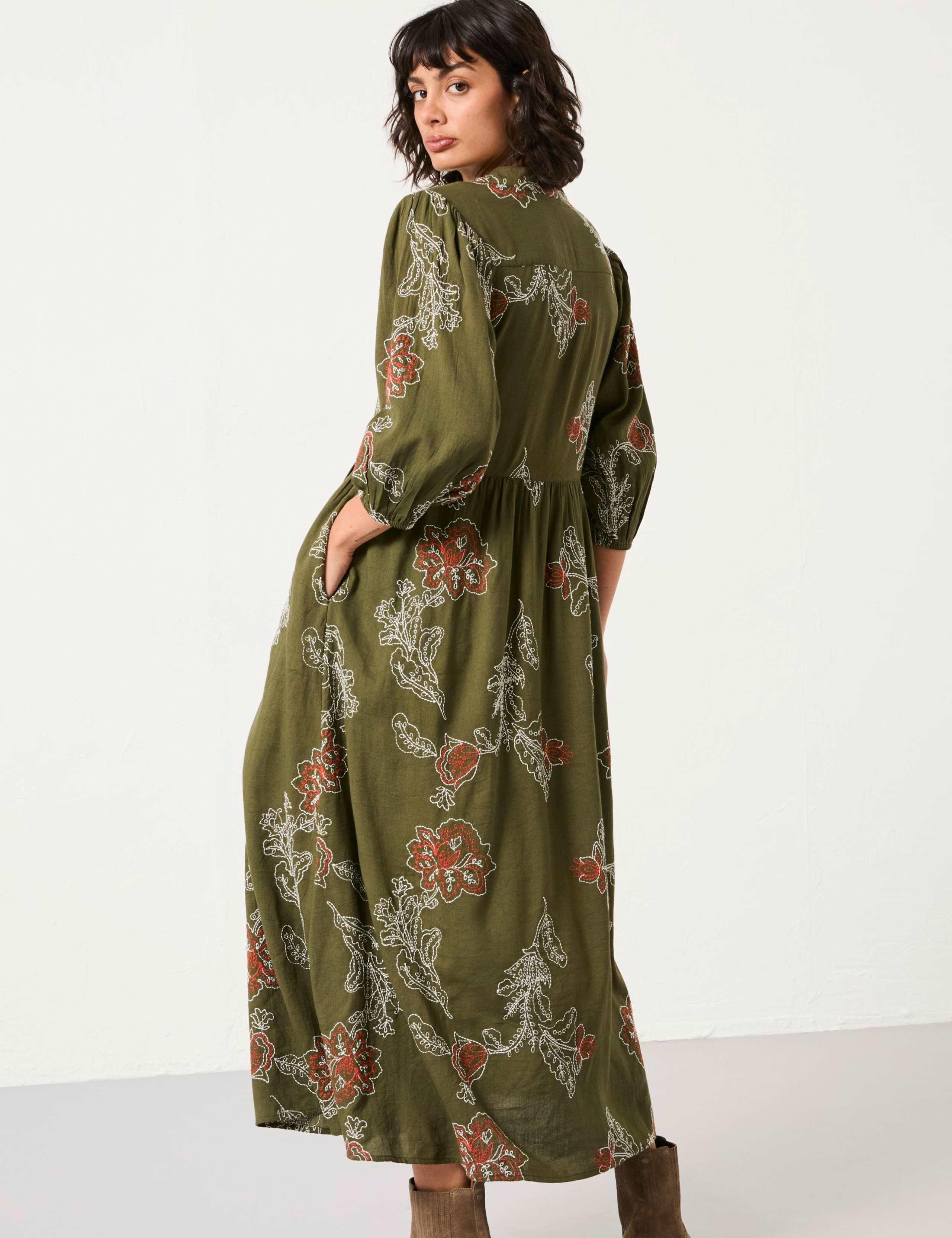 Cotton Blend Embroidered Midi Waisted Dress 4 of 6