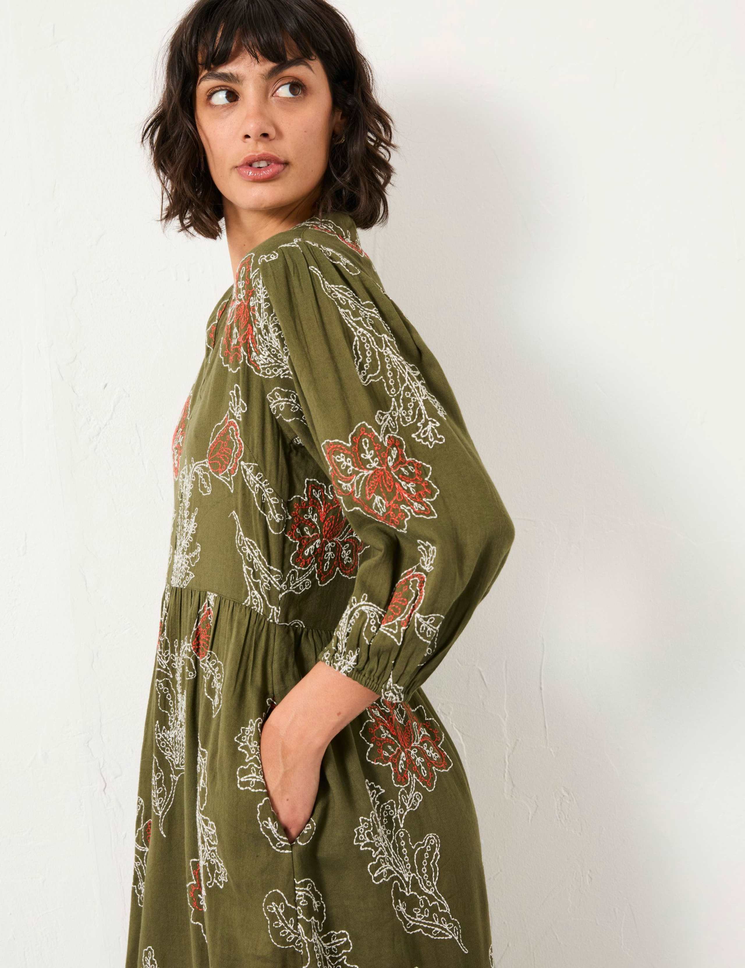 Cotton Blend Embroidered Midi Waisted Dress 5 of 6