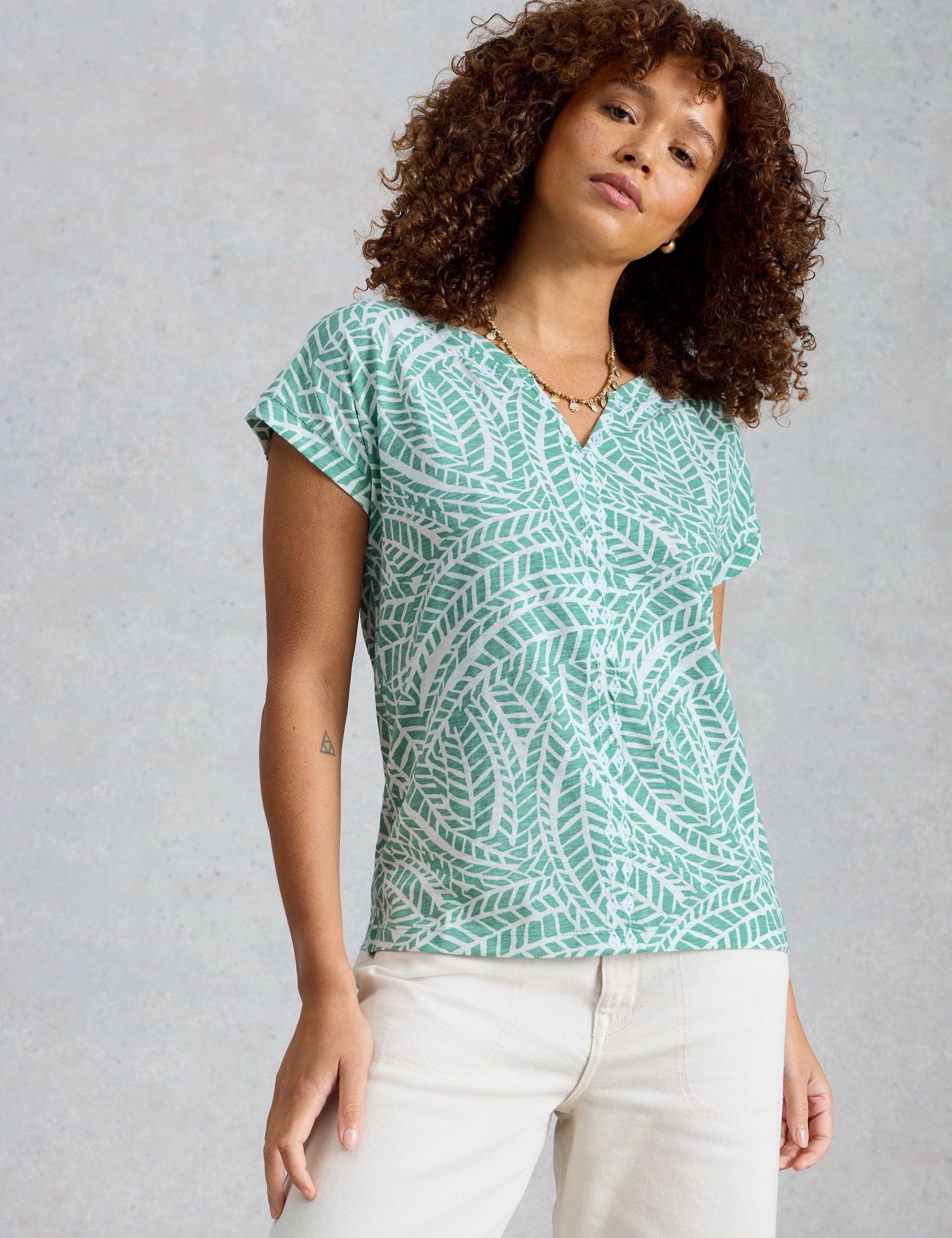 Pure Cotton Printed Embroidered V-Neck Blouse 1 of 6