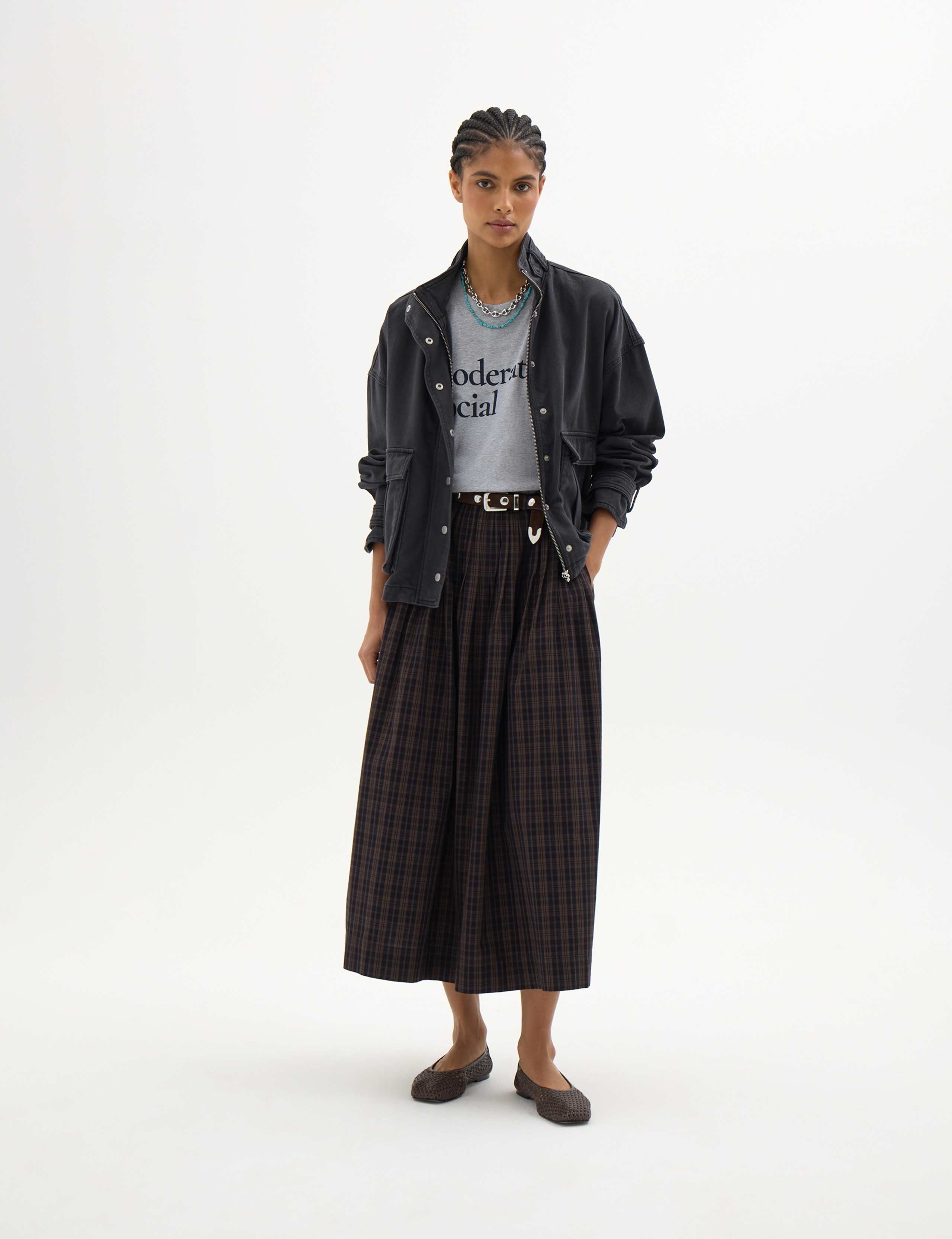 Pure Cotton Checked Midi A-Line Skirt 3 of 5
