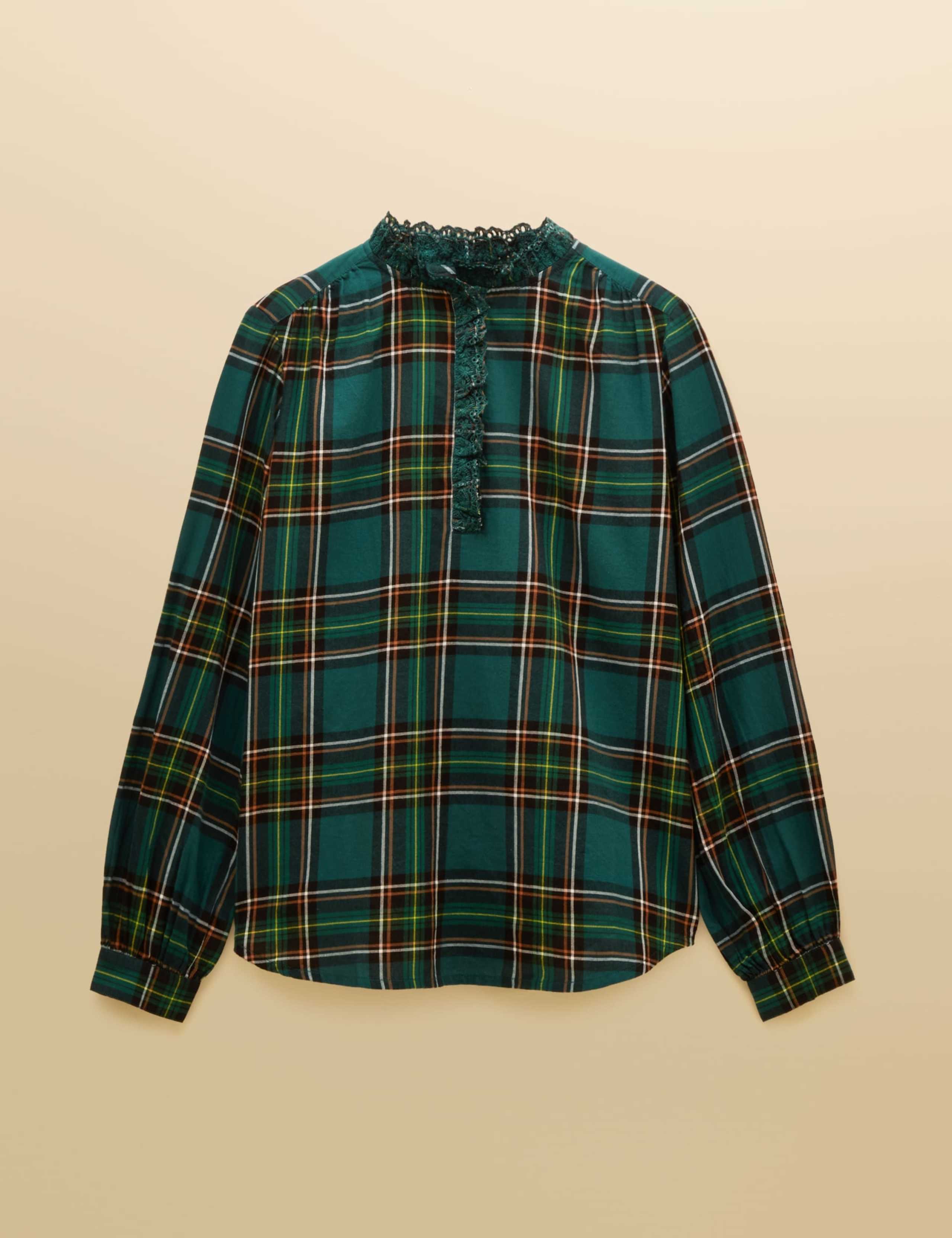 Brushed Cotton Checked High Neck Frill Detail Blouse 2 of 7