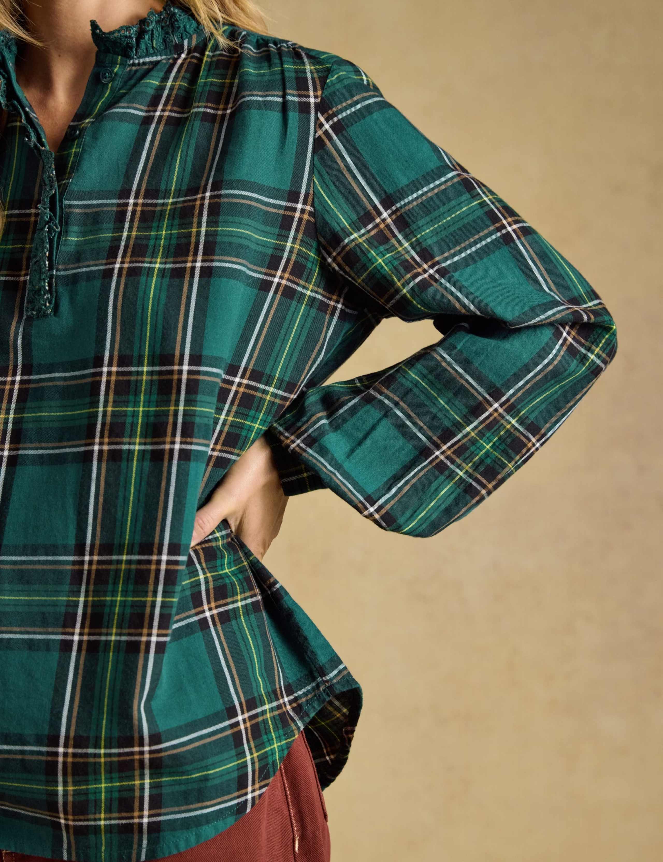 Brushed Cotton Checked High Neck Frill Detail Blouse 3 of 7