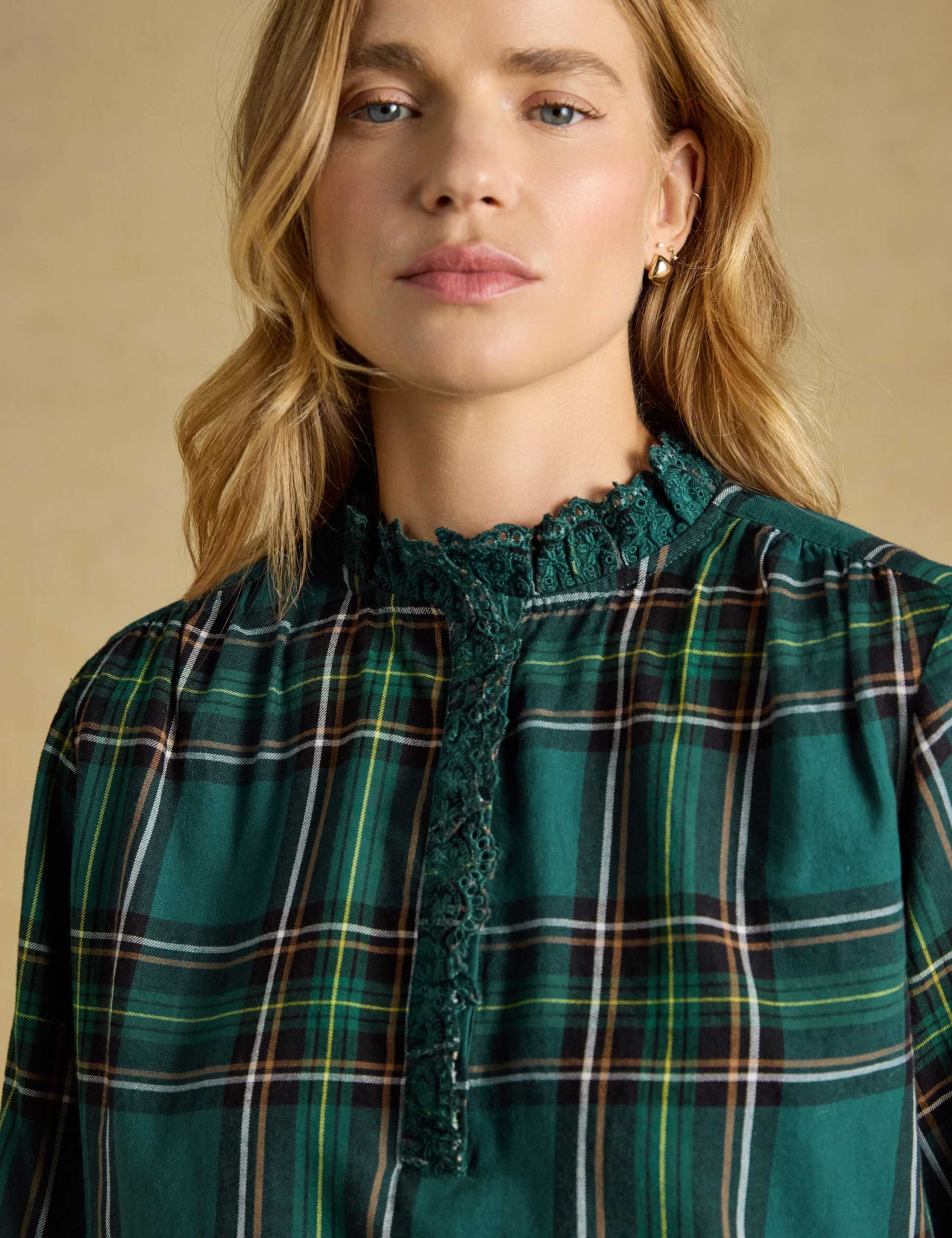 Brushed Cotton Checked High Neck Frill Detail Blouse 7 of 7