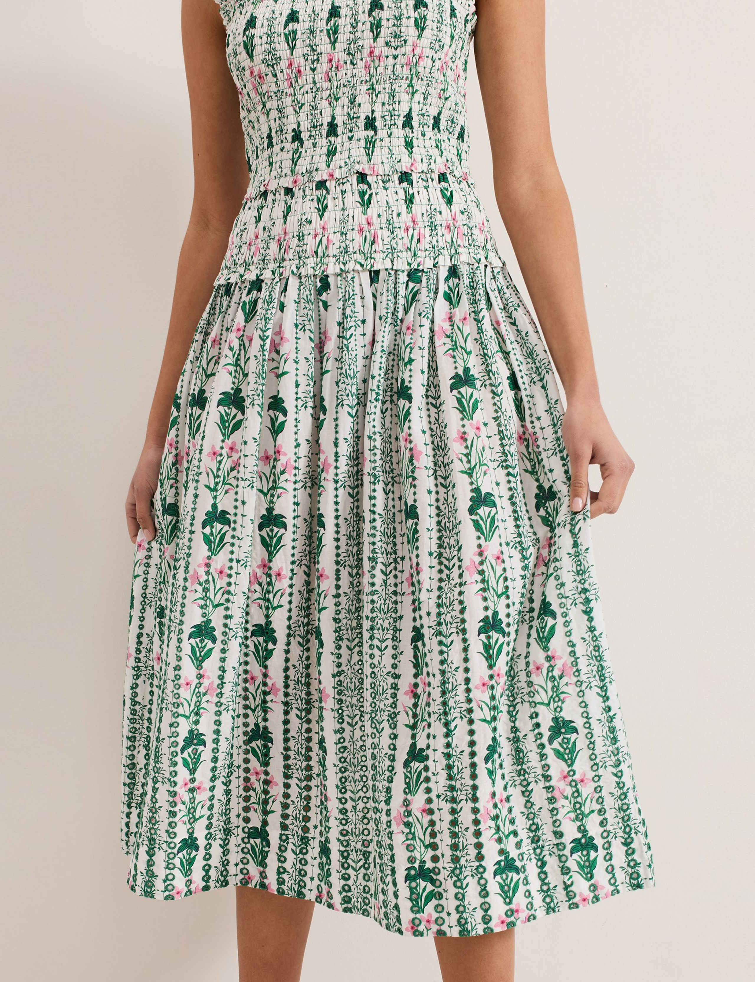 Pure Cotton Floral Shirred Midi Dress 3 of 7