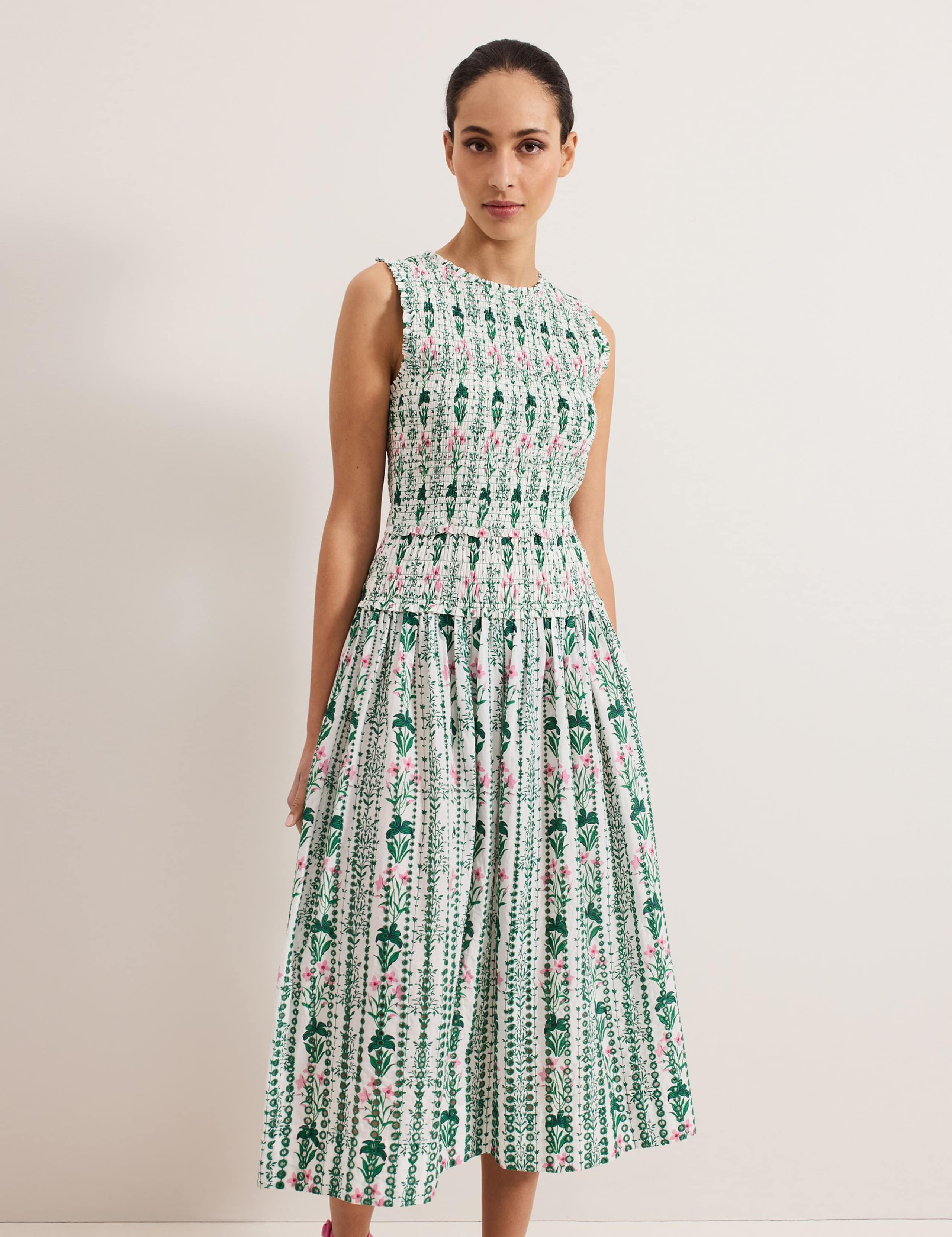 Pure Cotton Floral Shirred Midi Dress 5 of 7