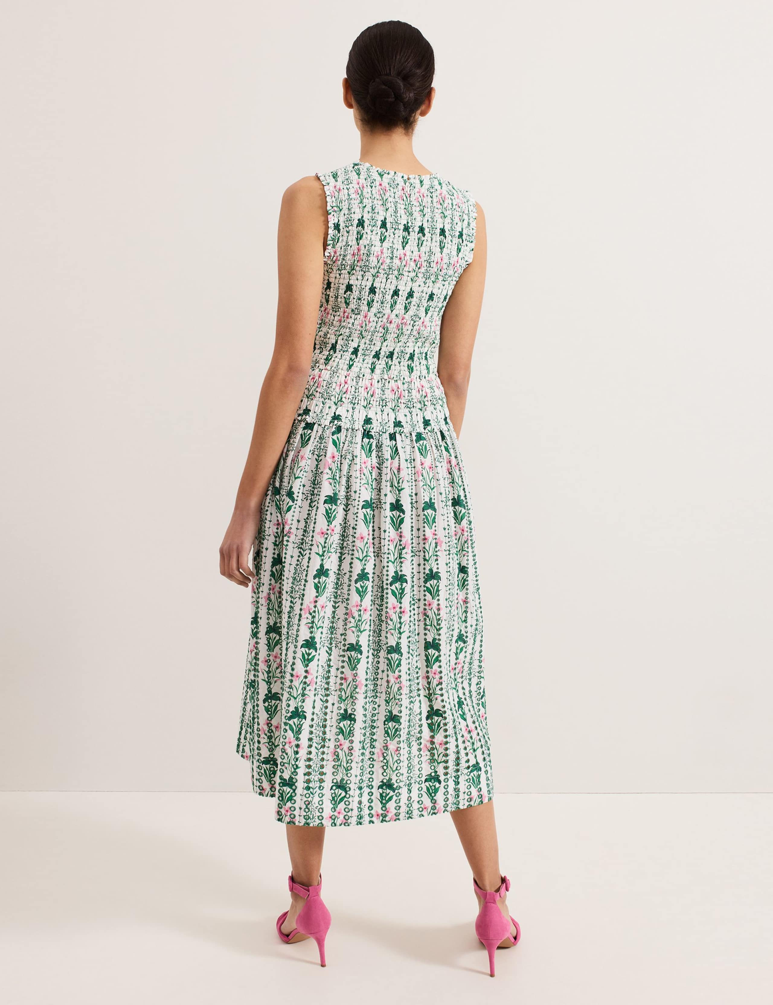 Pure Cotton Floral Shirred Midi Dress 6 of 7