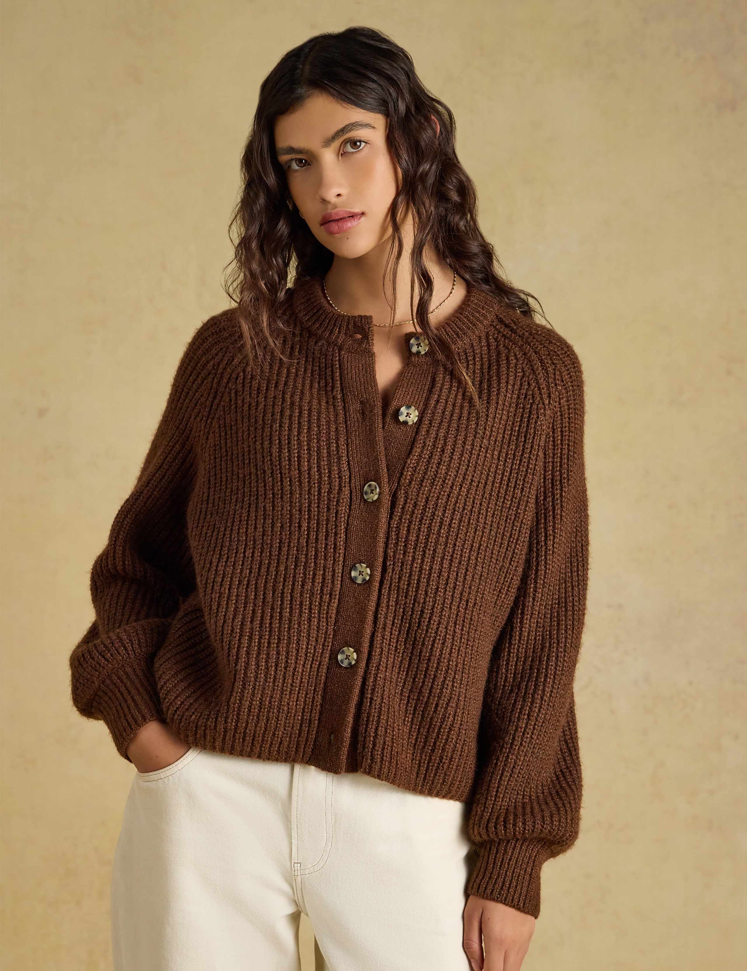 Ribbed Button Front Cardigan with Wool 1 of 7