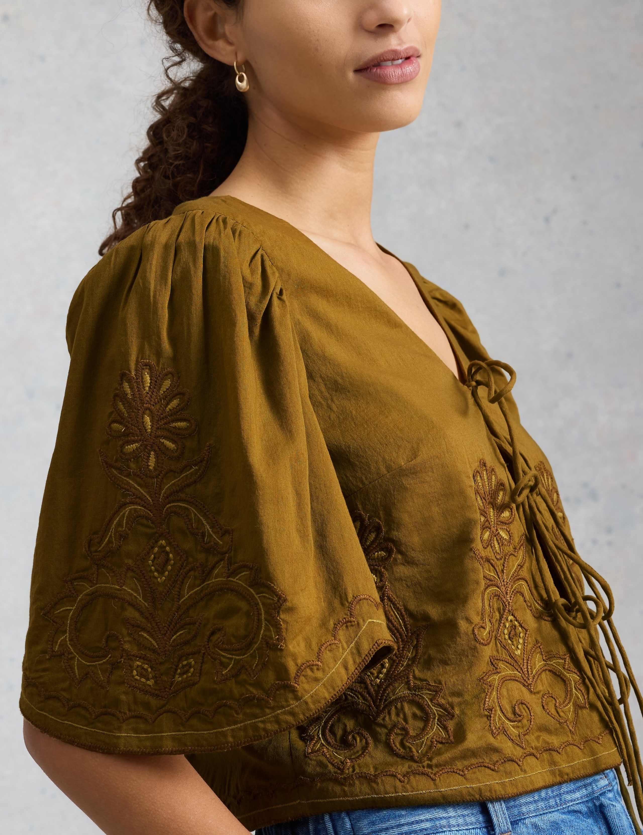 Pure Cotton Embroidered Tie Front Top 4 of 6