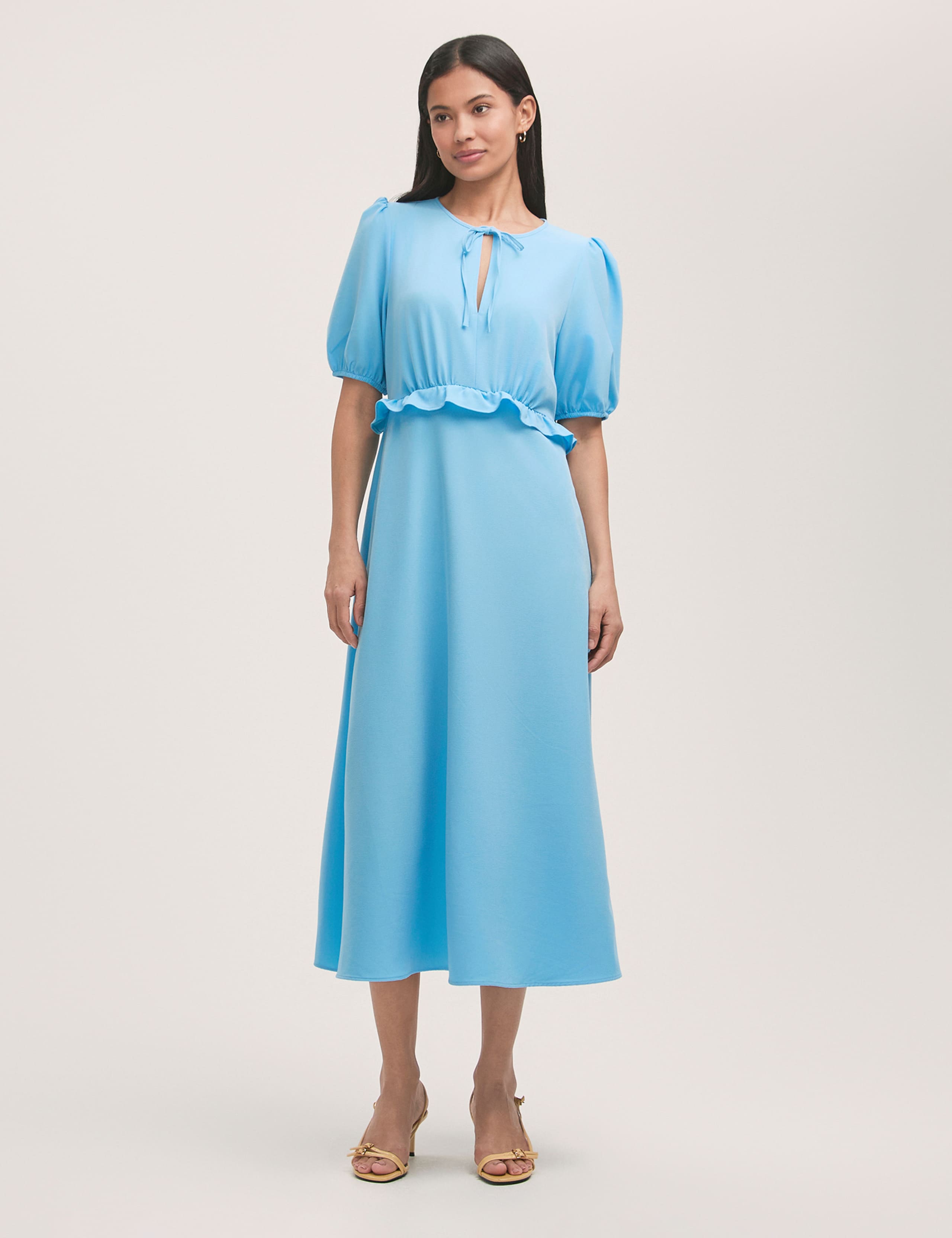 Crepe Tie Neck Frill Detail Midi Tea Dress 1 of 3