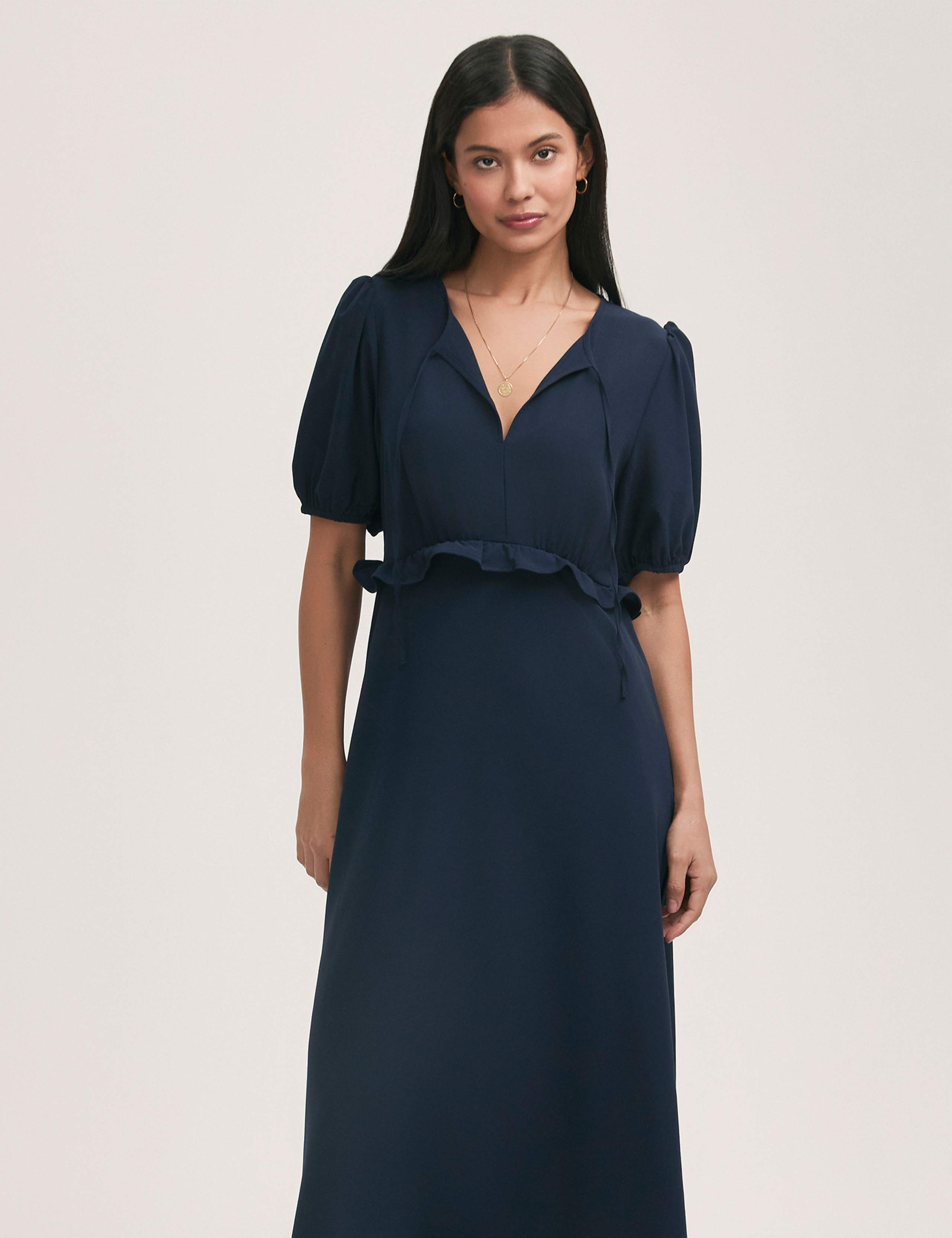 Crepe Tie Neck Frill Detail Midi Tea Dress 3 of 5