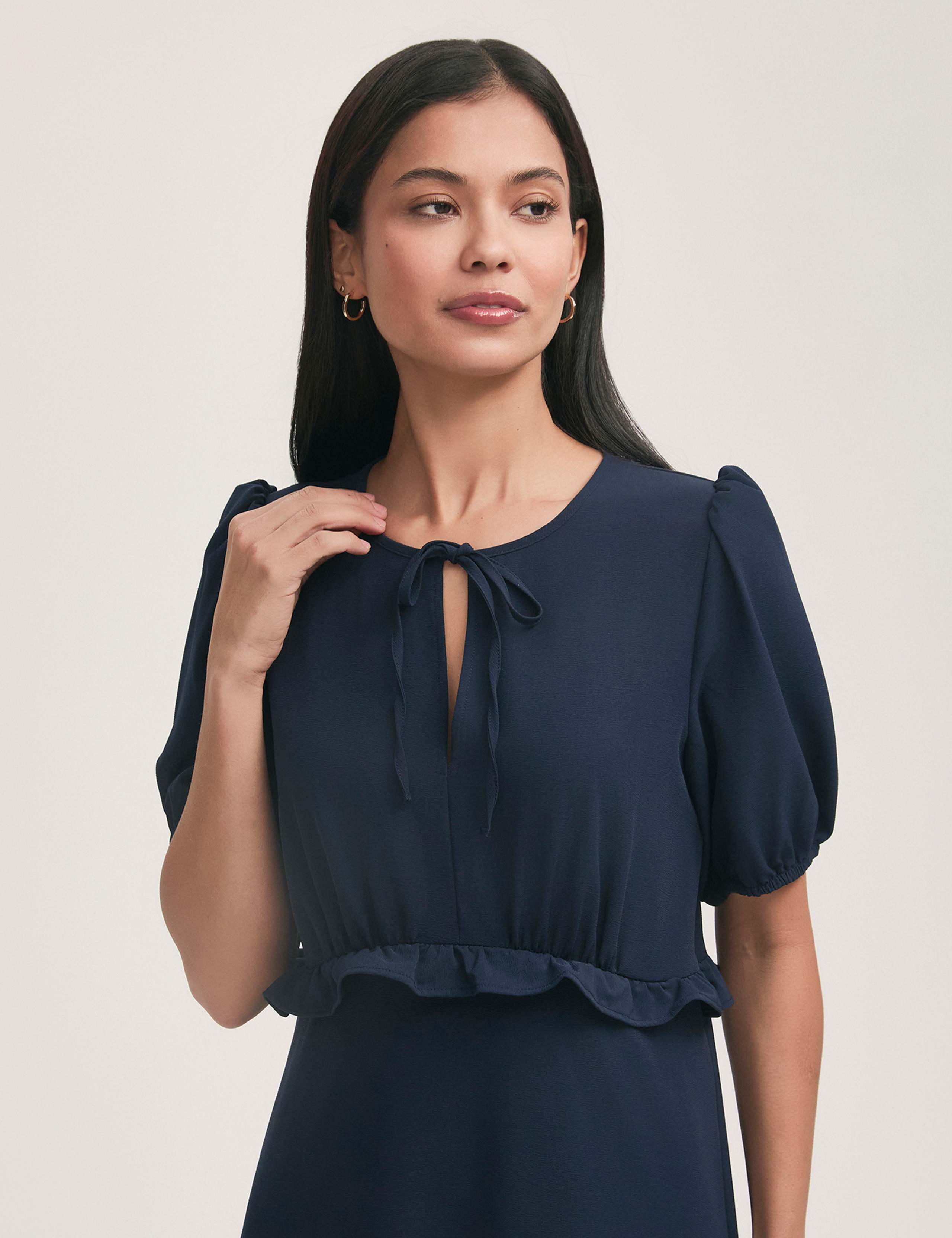Crepe Tie Neck Frill Detail Midi Tea Dress 4 of 5