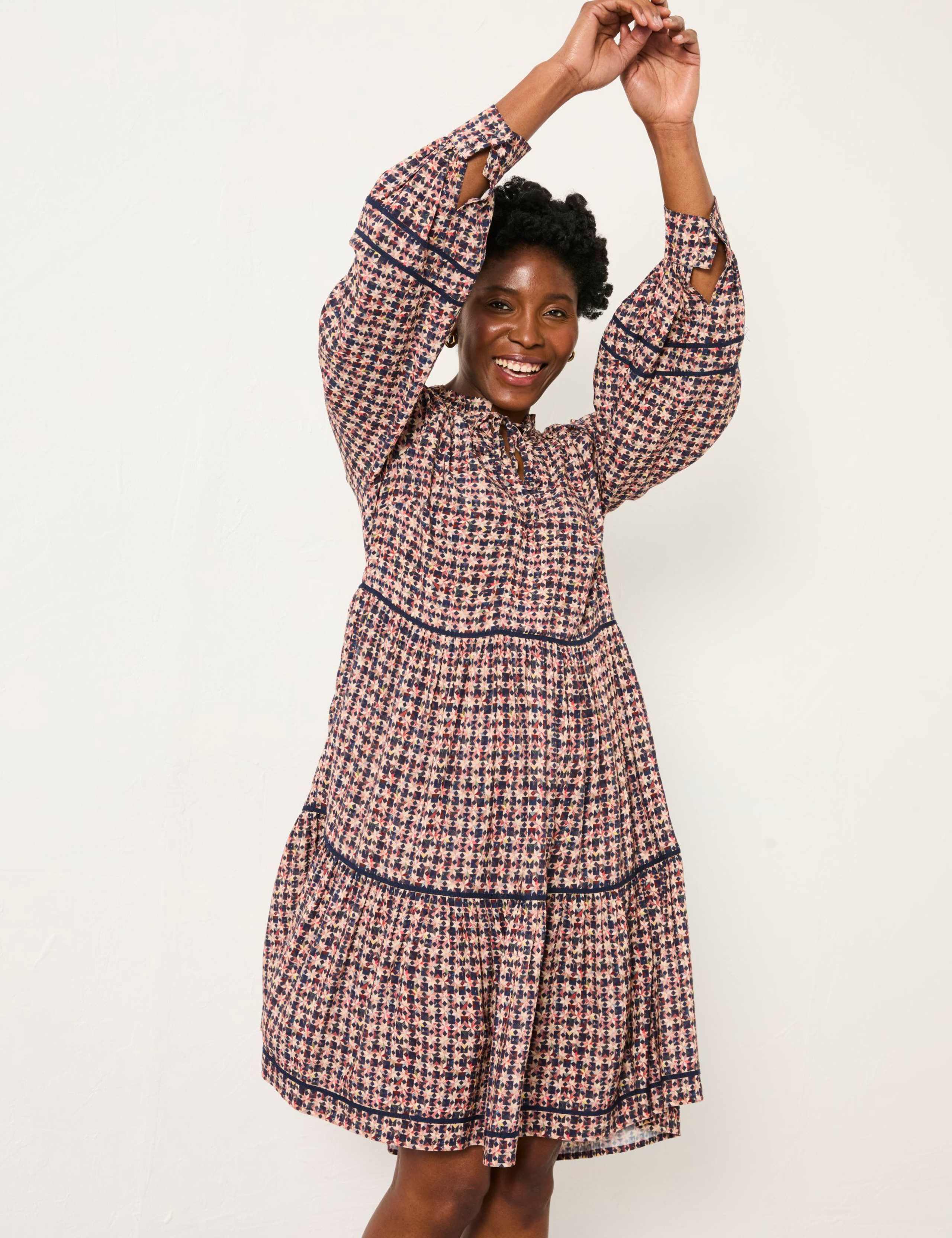 Geometric Print Tie Neck Tiered Smock Dress 3 of 6