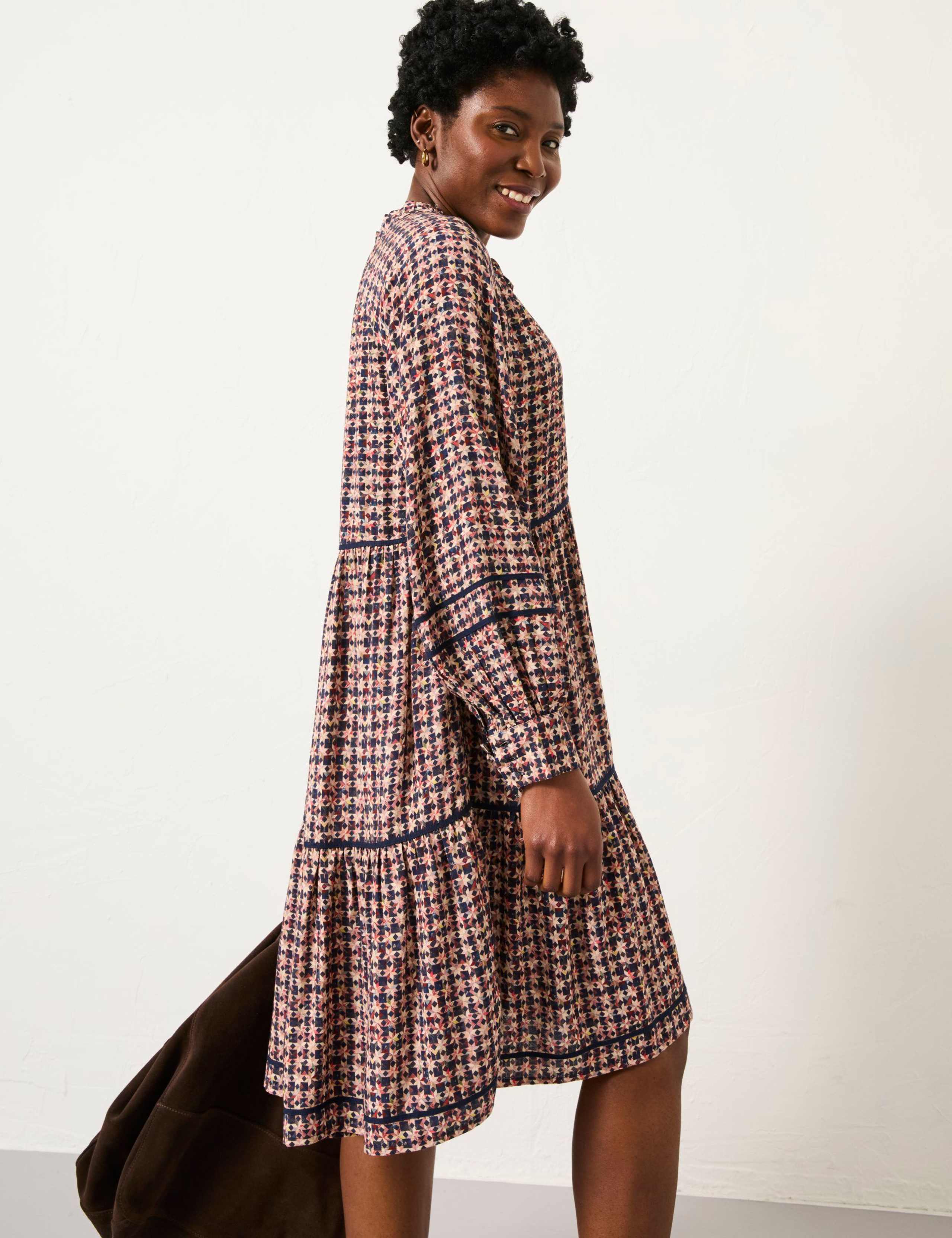 Geometric Print Tie Neck Tiered Smock Dress 4 of 6