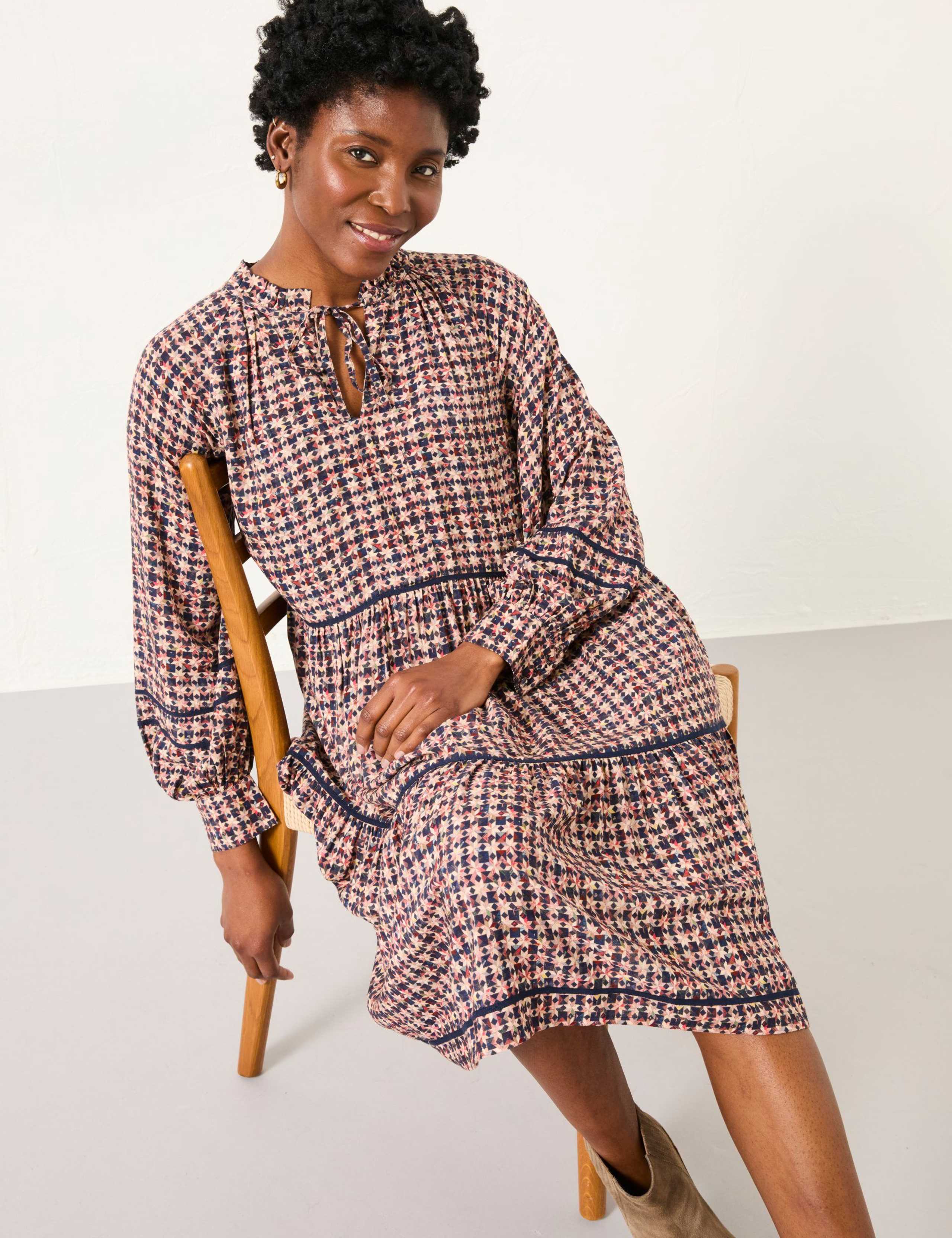 Geometric Print Tie Neck Tiered Smock Dress 5 of 6