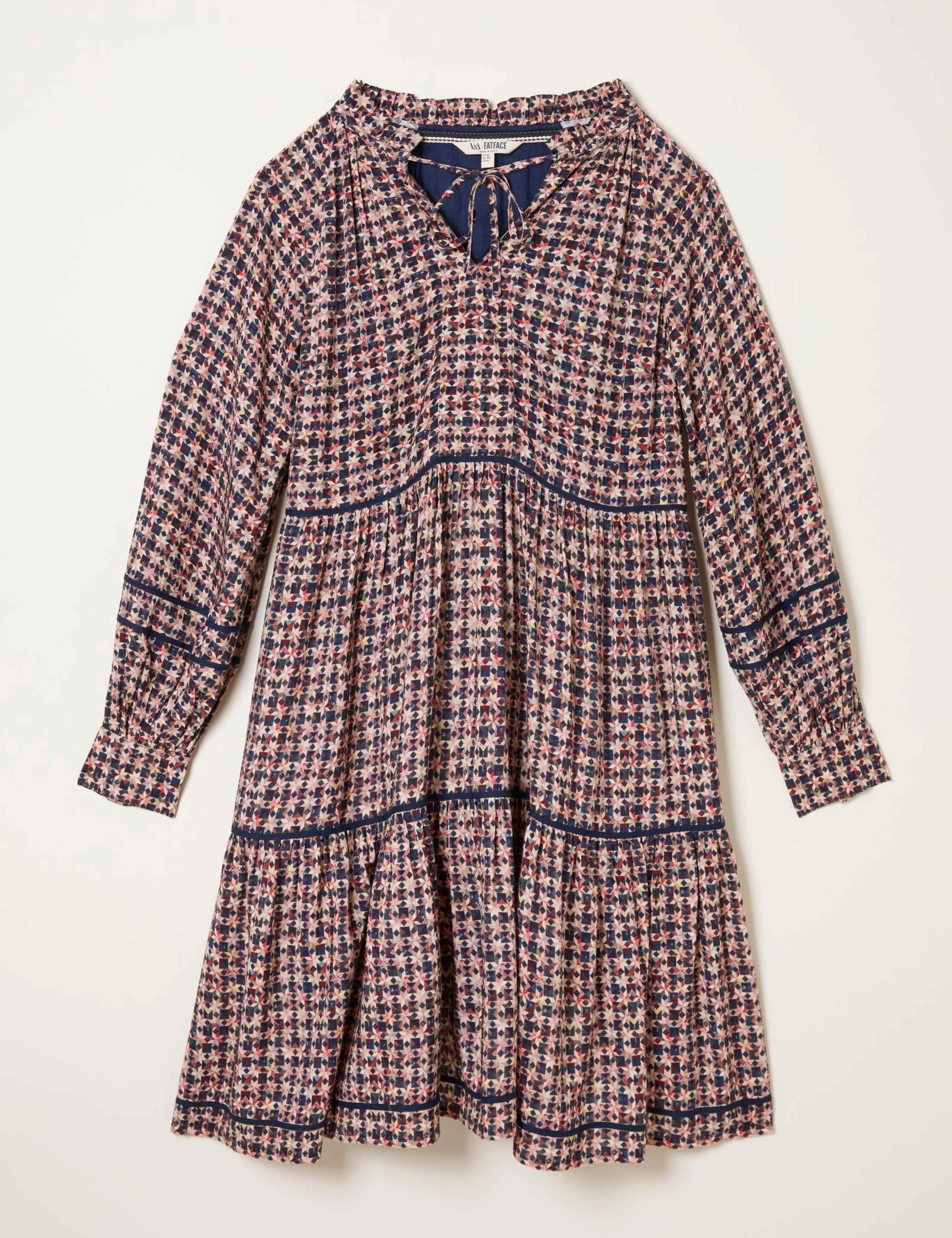 Geometric Print Tie Neck Tiered Smock Dress 2 of 6