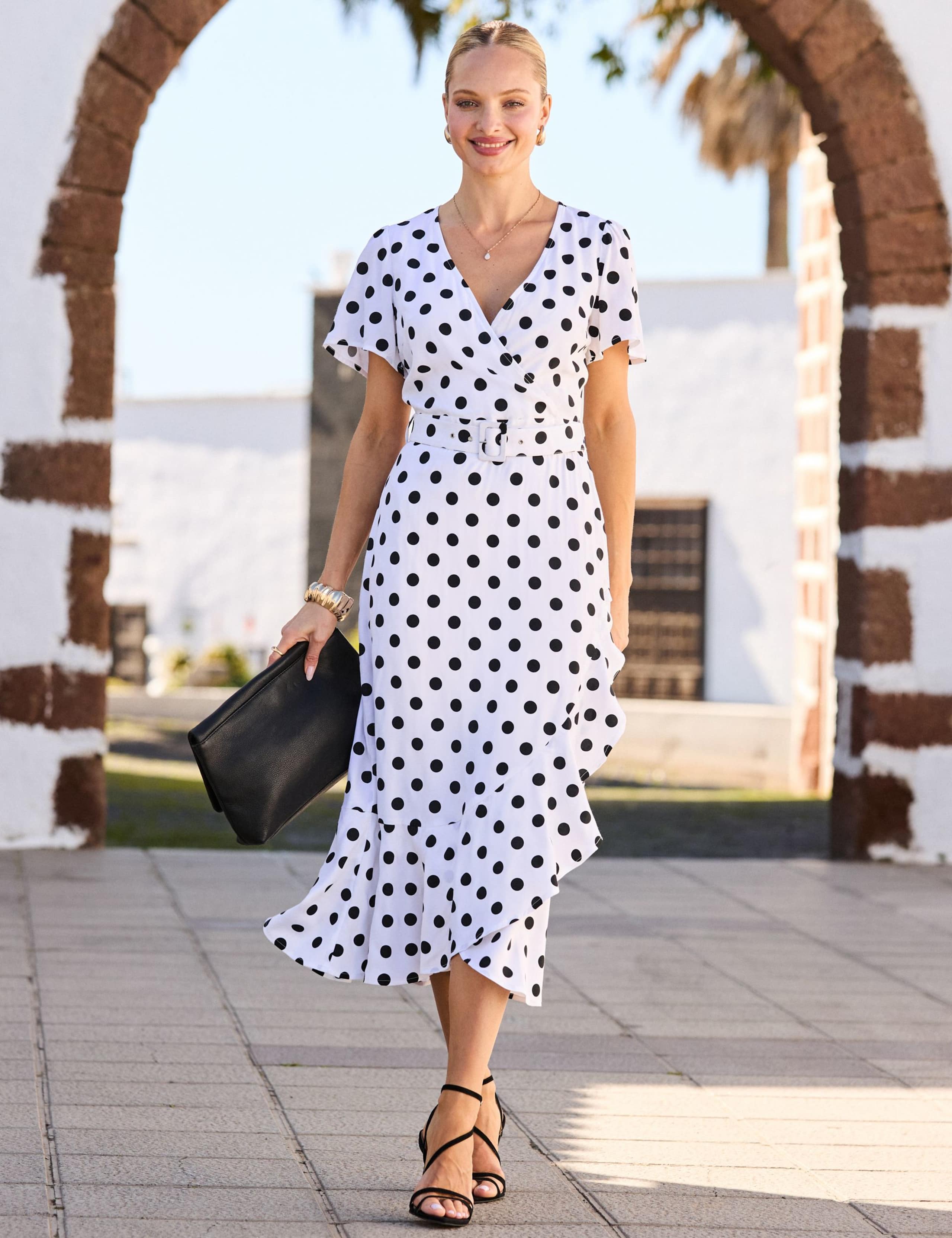 Polka Dot V-Neck Belted Midi Wrap Dress 1 of 8