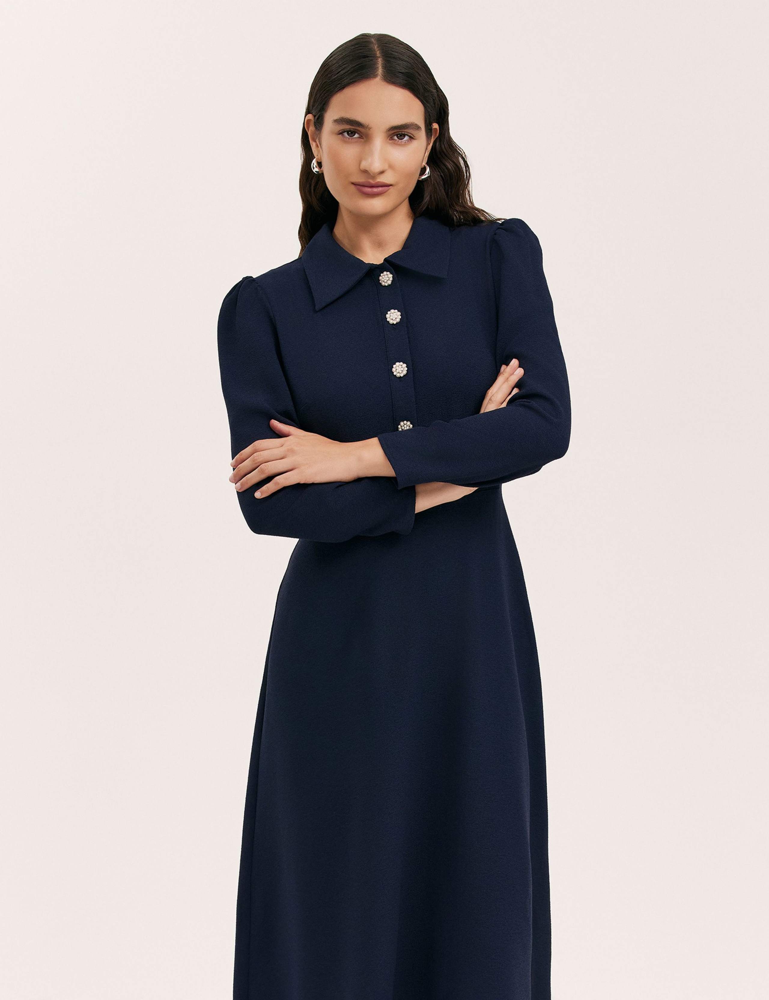 Crepe Collared Midi Shirt Dress 2 of 4