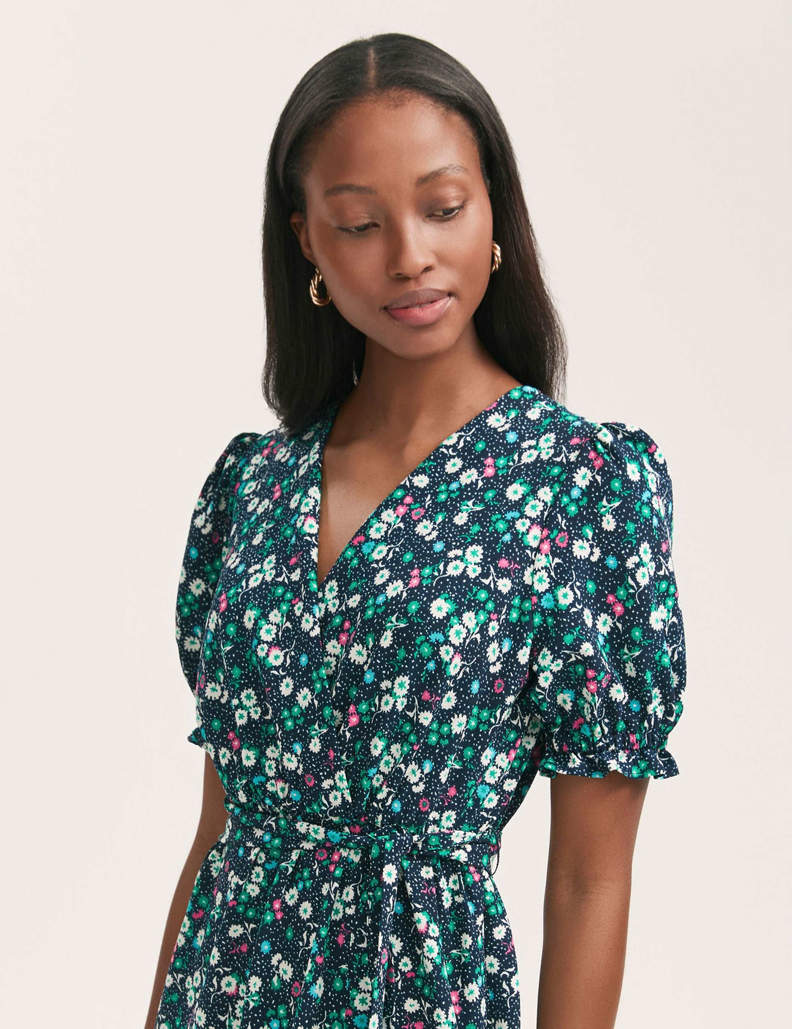 Crepe Floral V-Neck Belted Midi Tea Dress 4 of 4