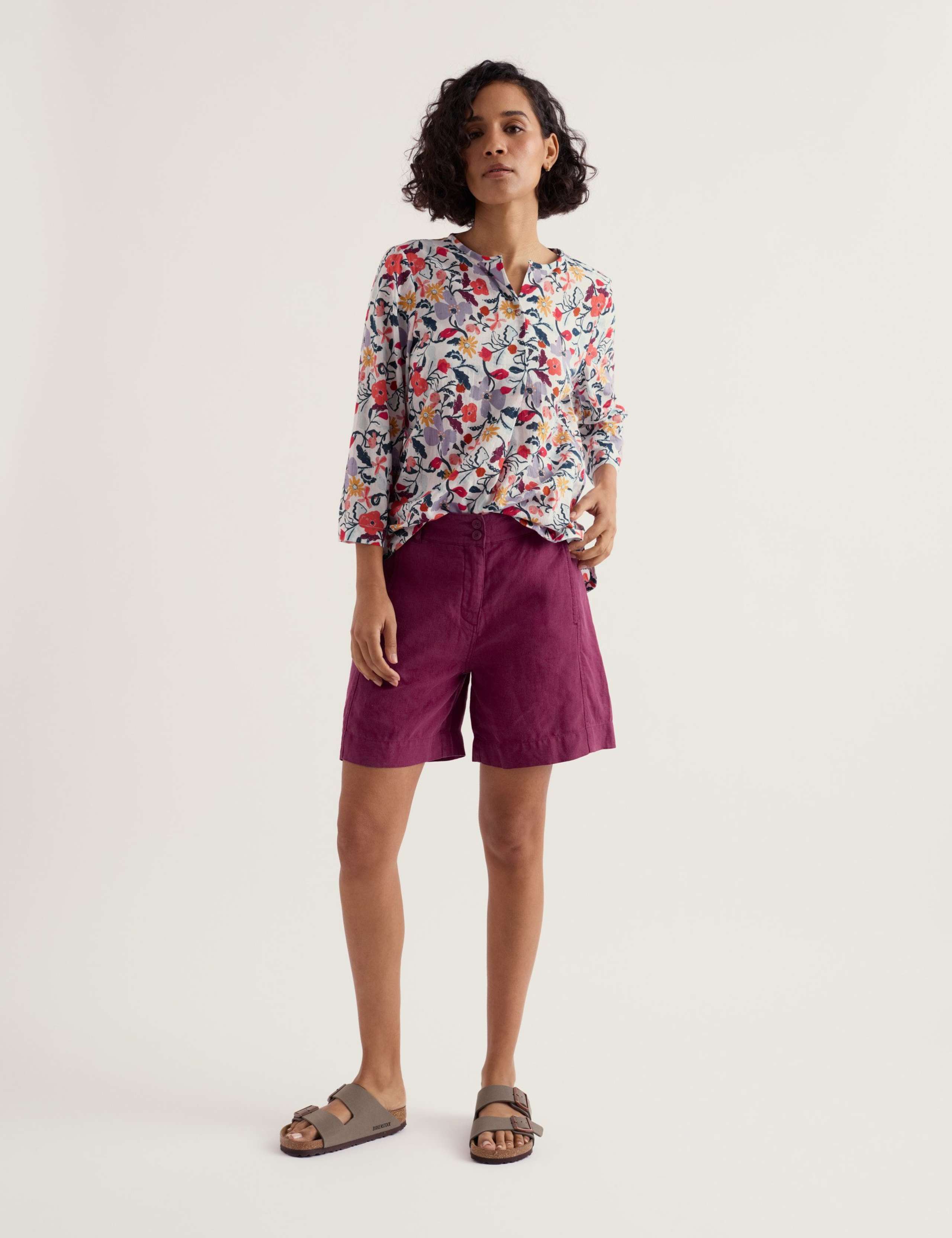 Pure Cotton Floral Notch Neck 3/4 Sleeve Top 1 of 5