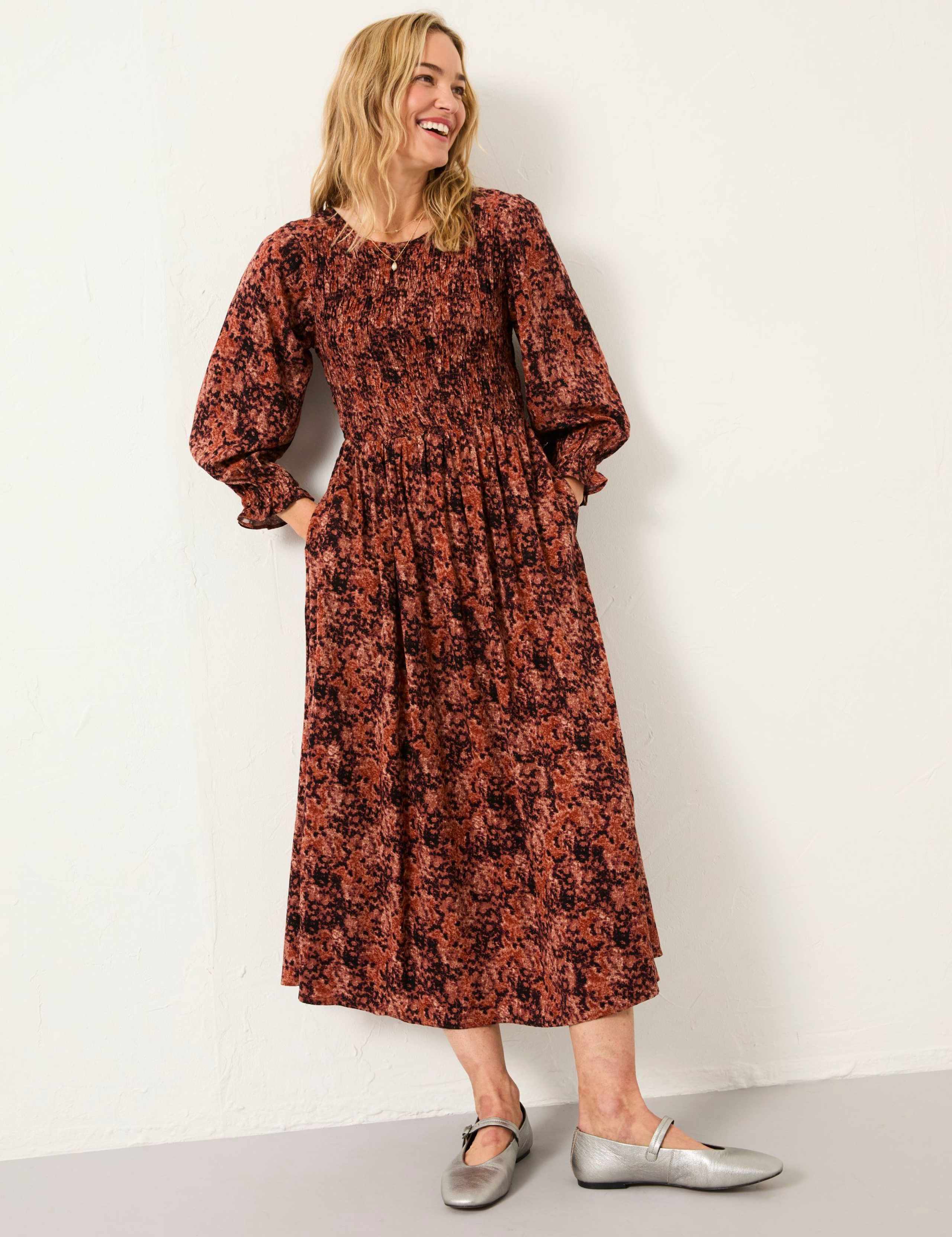 Printed Round Neck Midi Shirred Dress 1 of 6