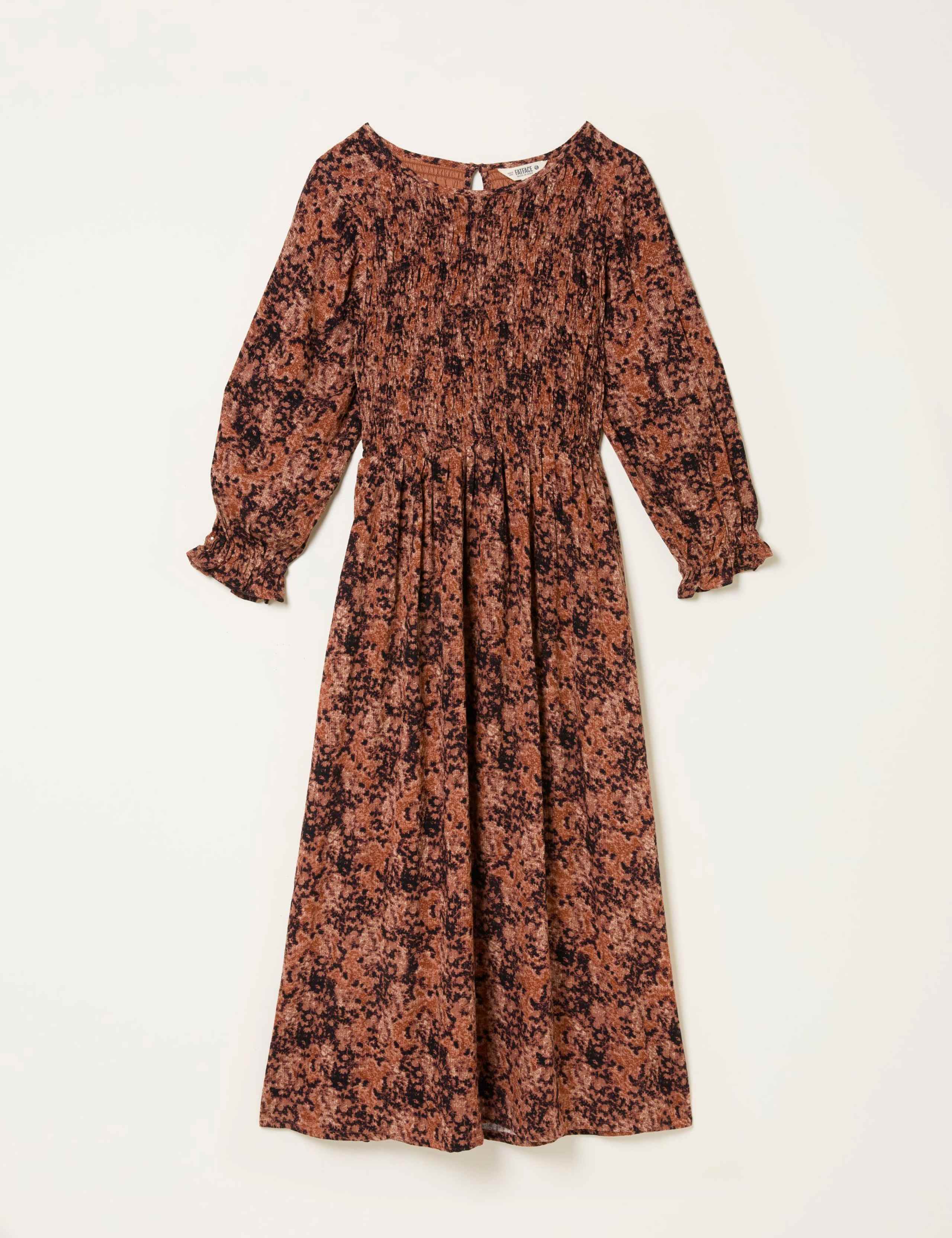 Printed Round Neck Midi Shirred Dress 2 of 6