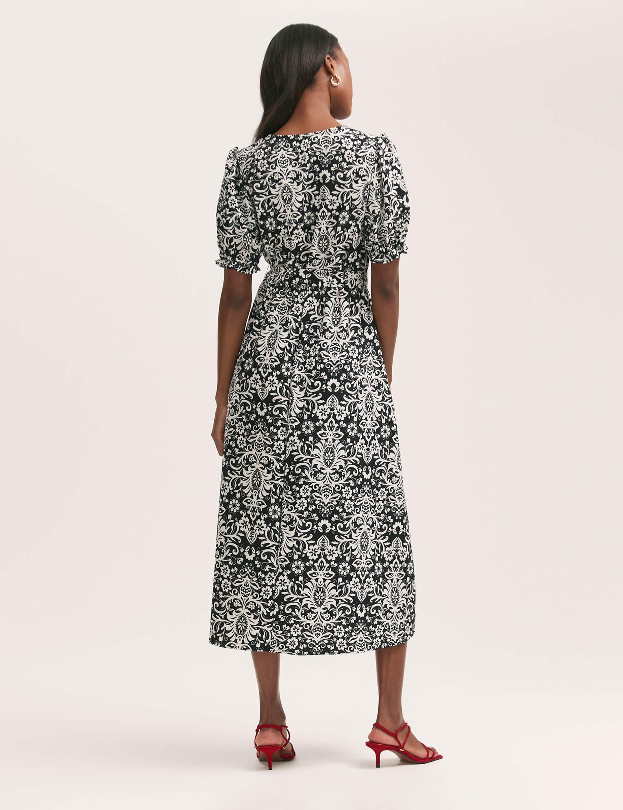 Crepe Printed V-Neck Belted Midi Tea Dress 2 of 4
