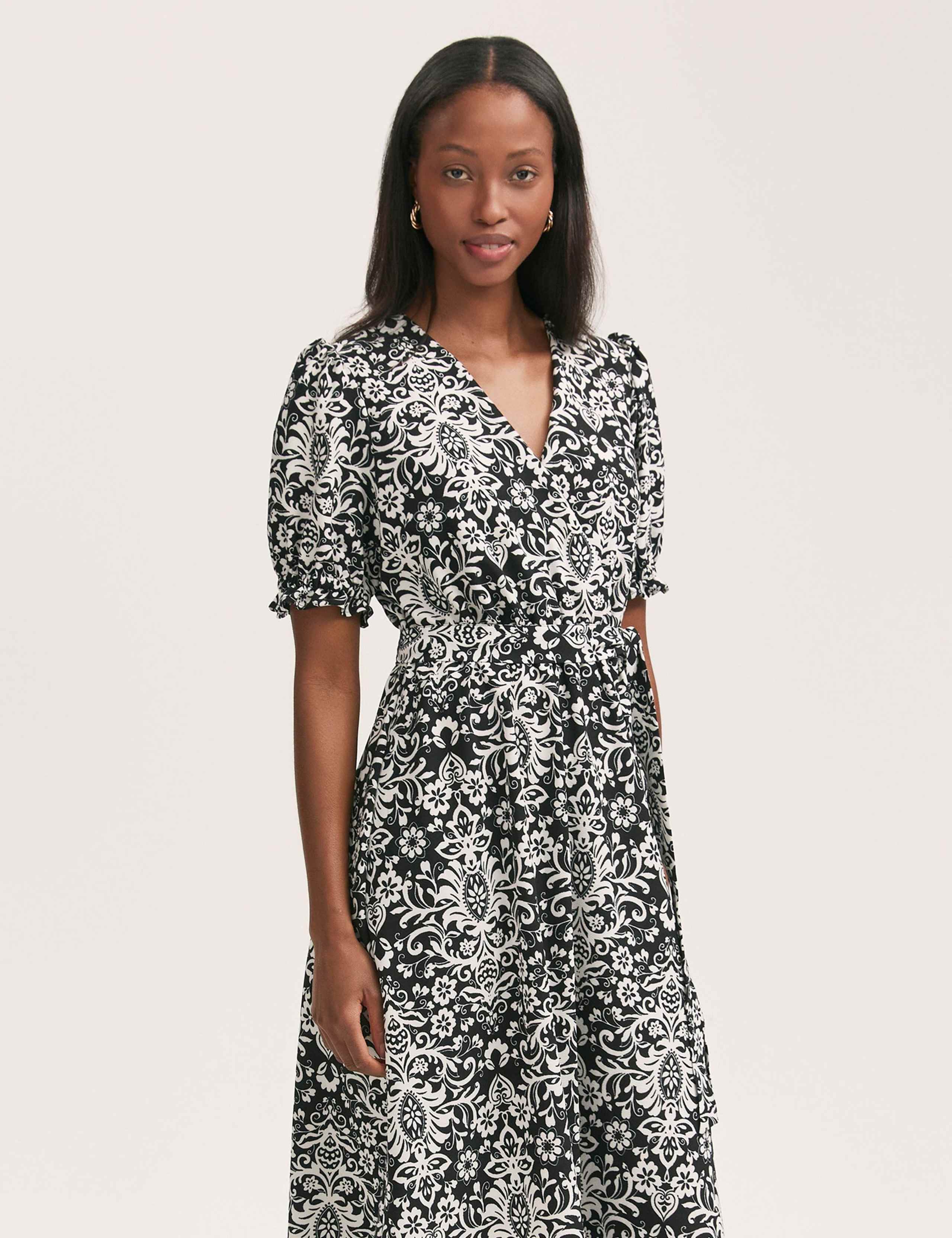 Crepe Printed V-Neck Belted Midi Tea Dress 3 of 4